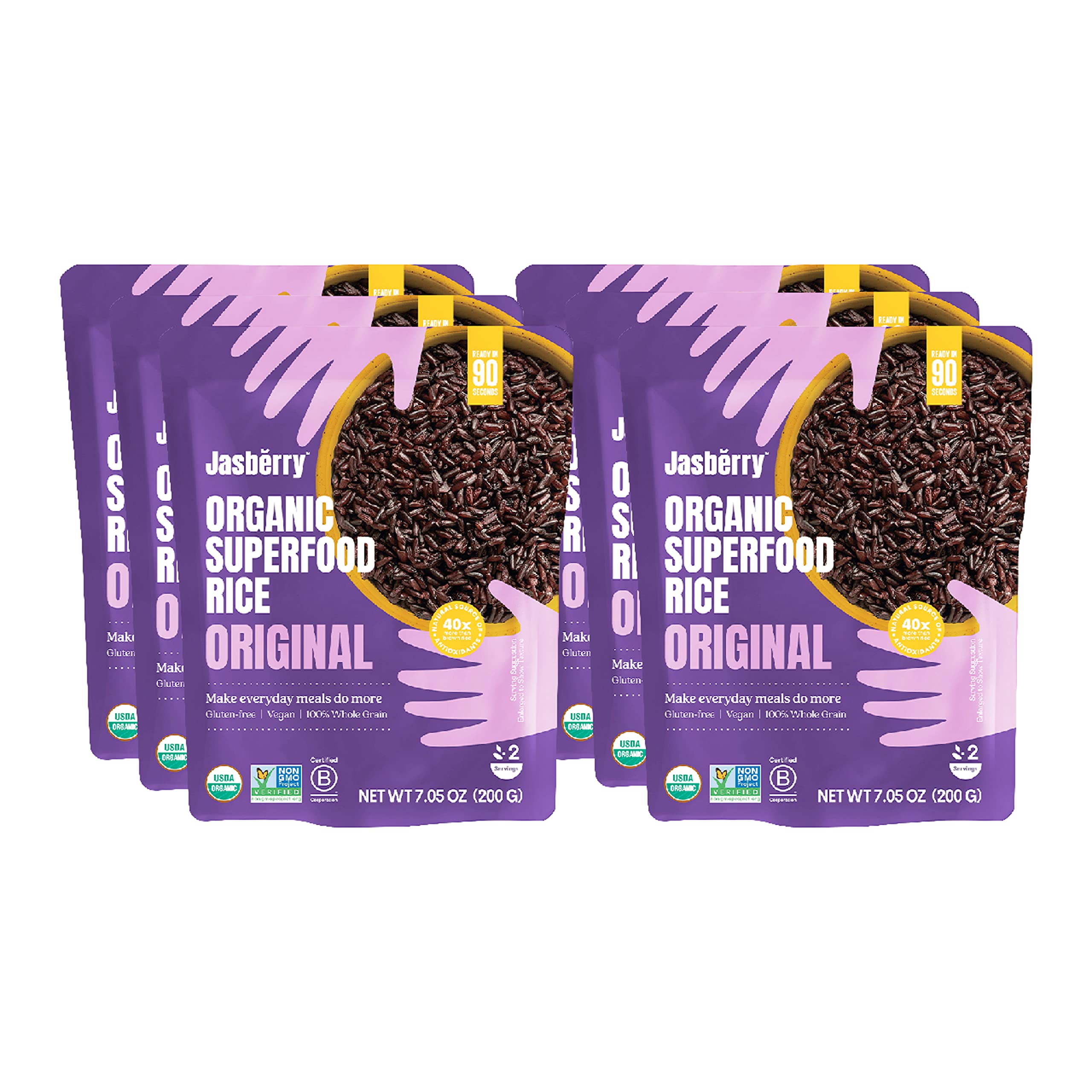 Jasberry Organic Rice - Superfood Rice with High Antioxidants, Ready to Eat or Heat, Non-GMO, Gluten-Free, USDA Certified Organic, Vegan, (7oz, 6-Pack) (Original)