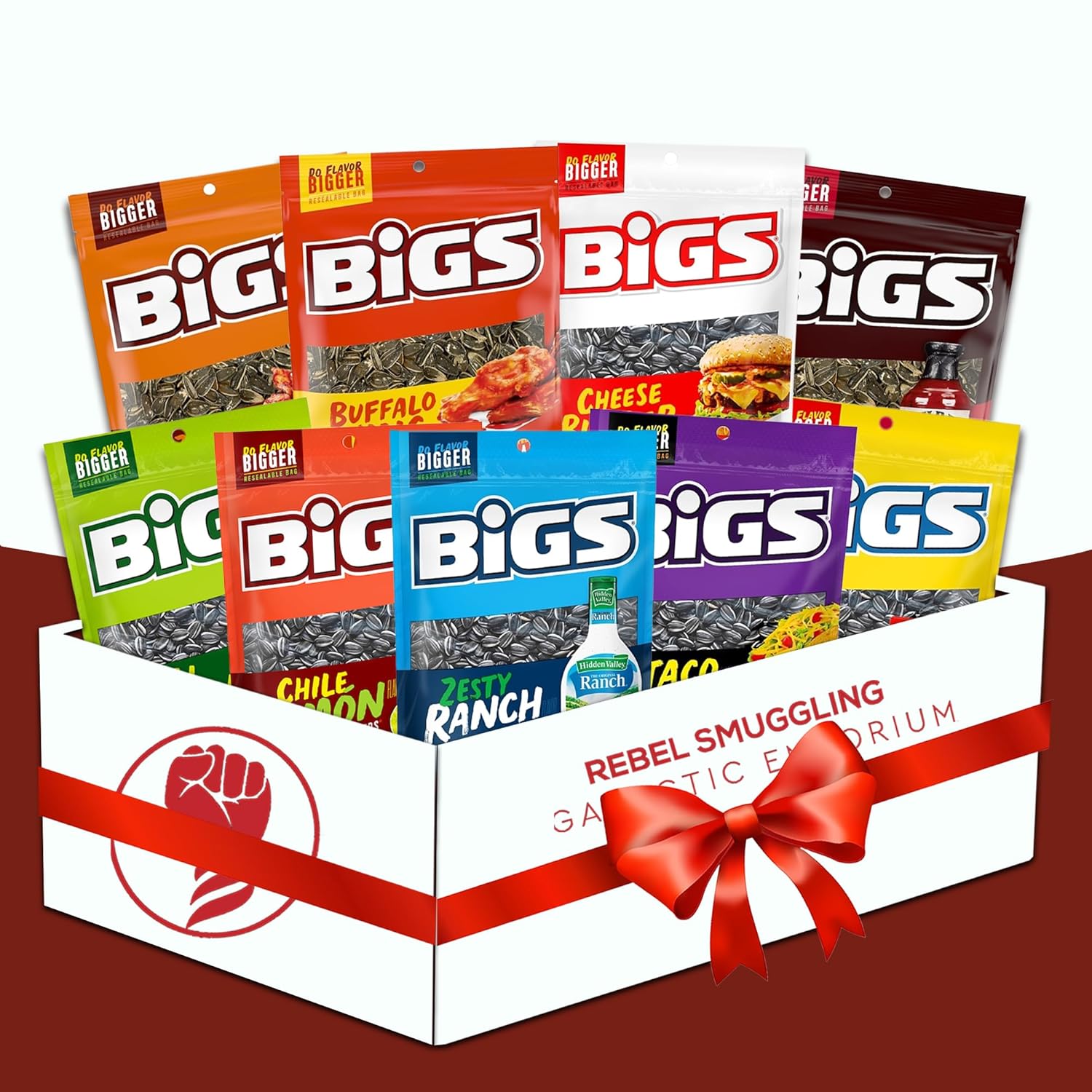 Bigs Sunflower Seeds Variety Pack Care Package Gift Basket, 9 x 5.35oz Packs of Flavored Sunflower Seeds by Rebel Smuggling Galactic Emporium