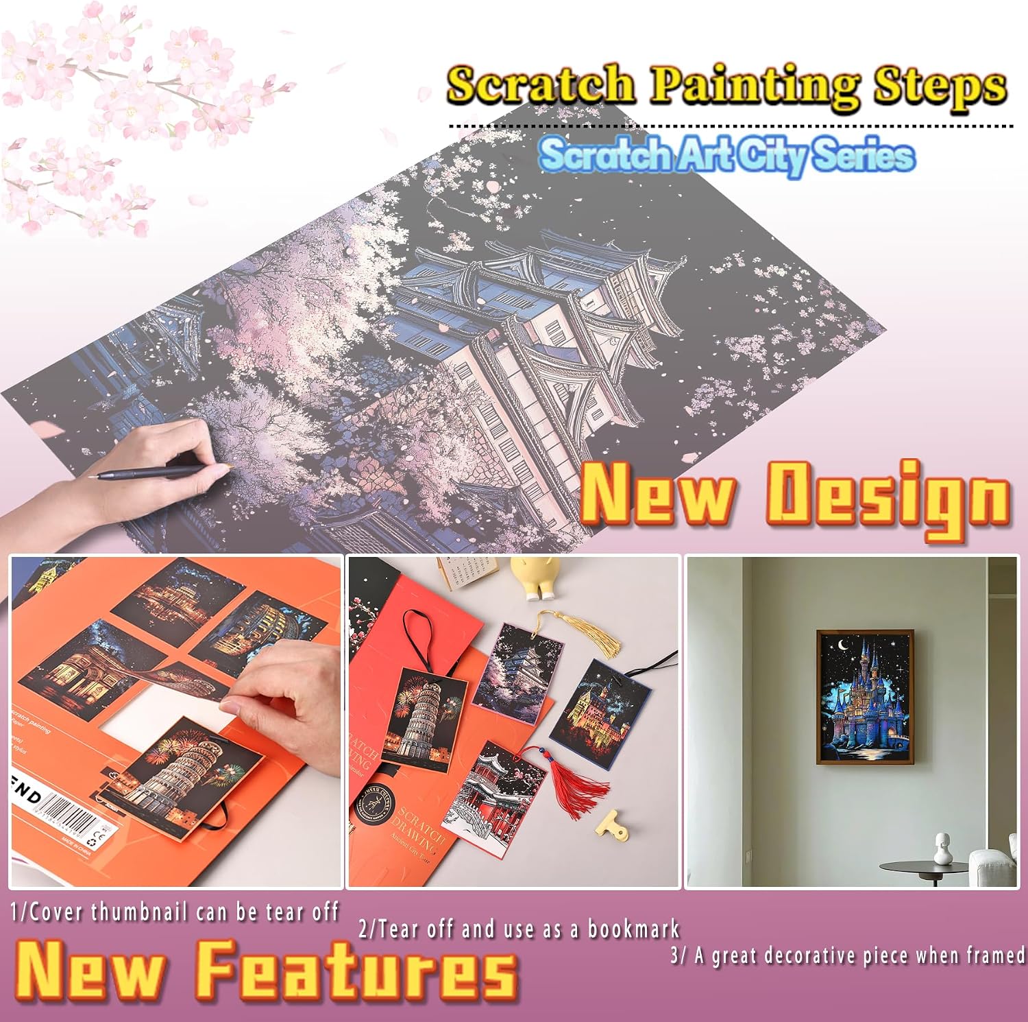 Rainbow Scratch Painting Art Kit -Scratch Art for Adults and Teens, DIY Craft Kit with 4 Tools and 8 Sheets of Paper, Ancient Cities Series Creative Gifts 16''x11''(Japan and China) image 4