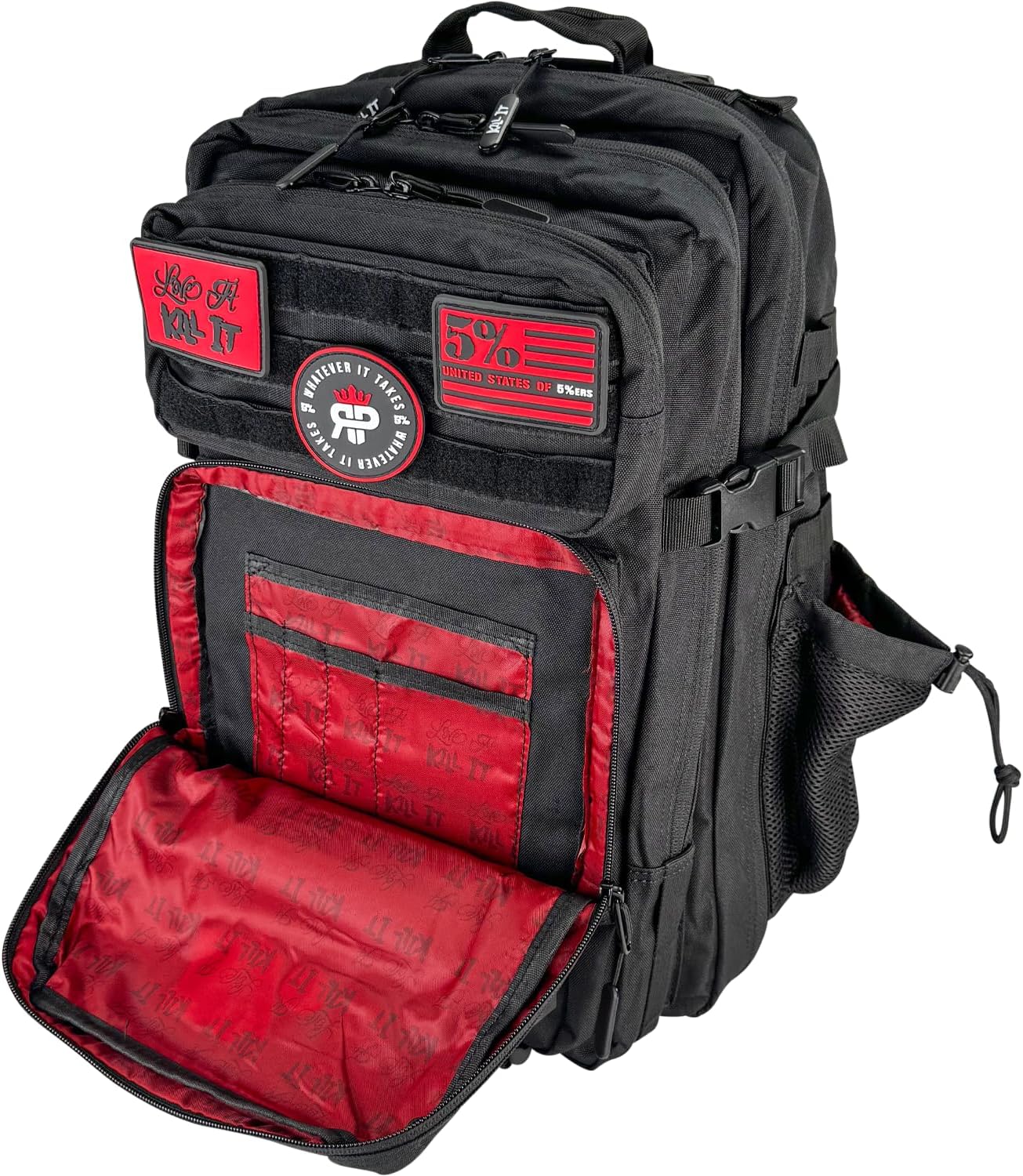 5% Nutrition Rich Piana Tactical Backpack for Work, Travel or Gym Bag with Drink Holders, Interior Organization, Molle Panel, and Velcro Morale Patches 45L Storage Capacity (Black/Red)