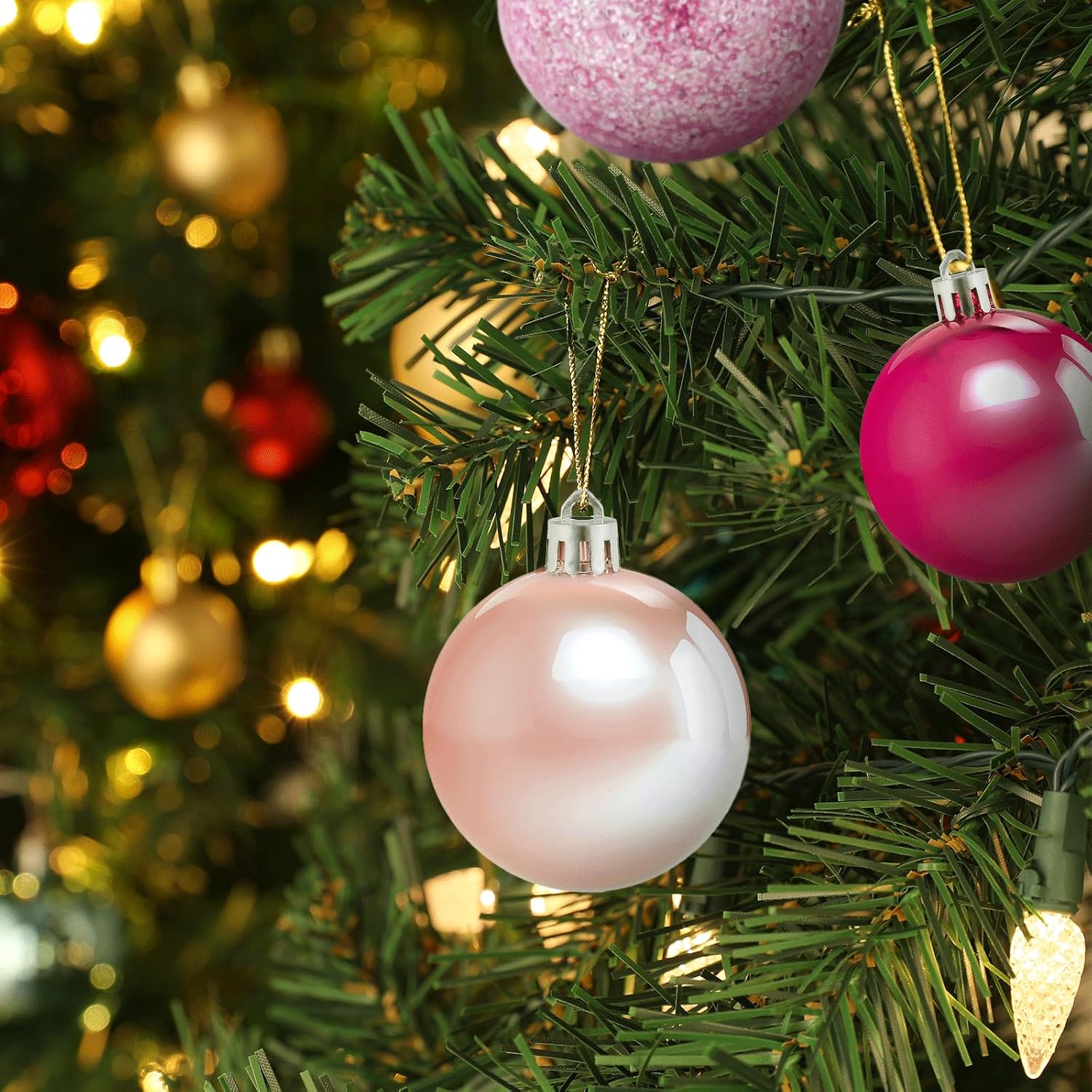 MoNiBloom 30ct Large Christmas Ball Ornaments for Xmas Tree Plastic Hanging Decoration, 2.5 Inch Decorative Shatterproof Bauble Glitter Decor Set for Indoor Home Holiday Party, 5 Style, Pink and White
