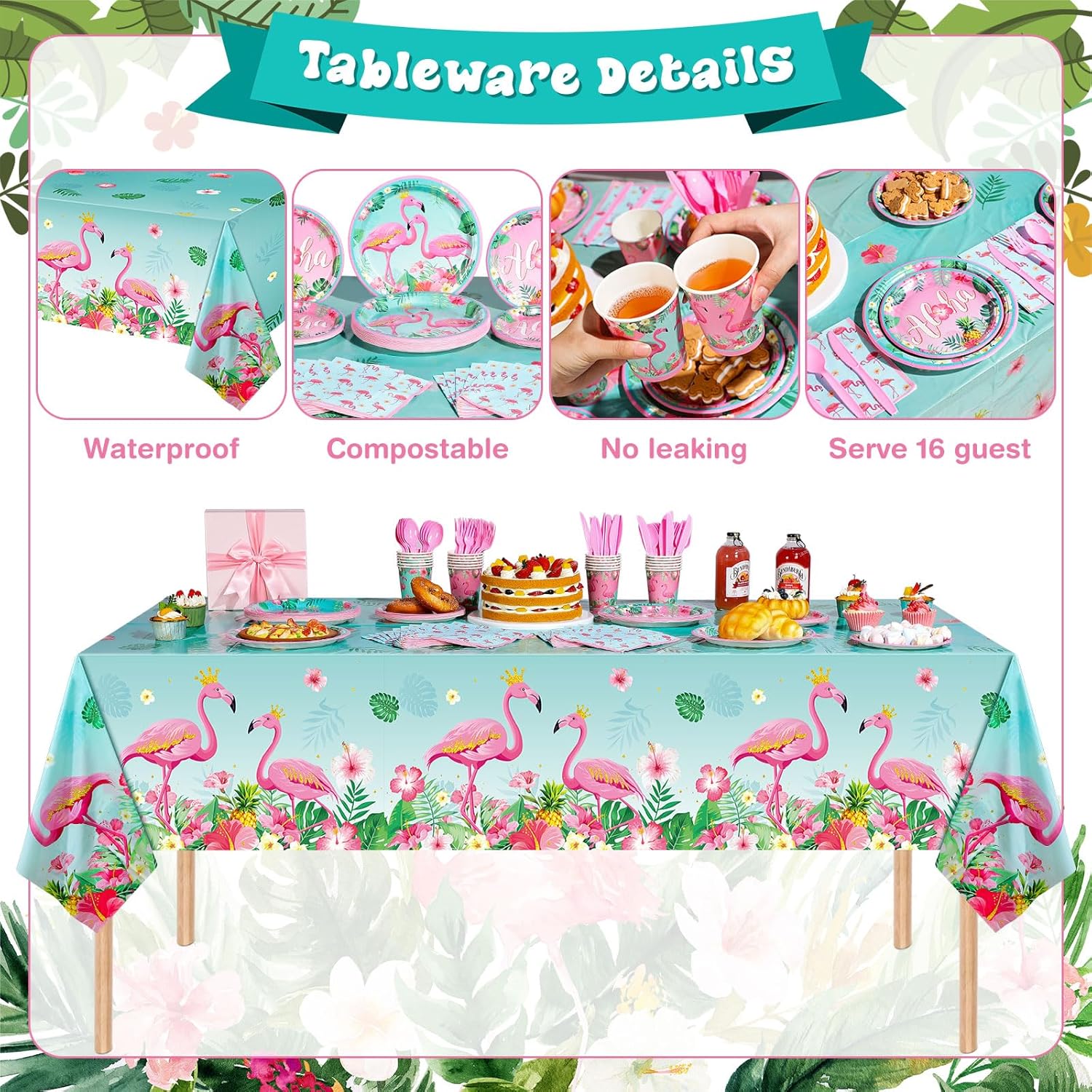 Blosssound 171 Pcs Flamingo Birthday Party Supplies 16 Sets Tropical Hawaiian Party Decorations Include Napkins Plates Cups Spoons Forks Knife Balloons Leaves Backdrop Tablecloth for Girls Boys Kids