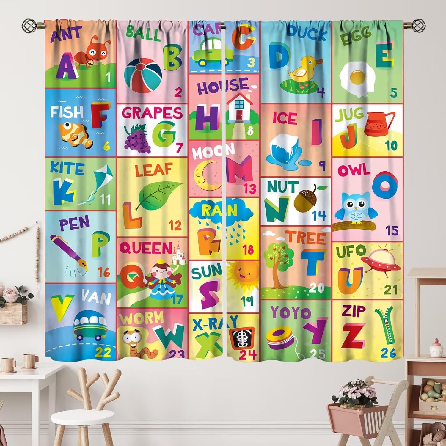 Colorful ABC Classroom Nursery Curtains Kids Alphabet Learning Baby Boys Girls Curtain with Rod Pocket for Children Toddler Playroom Home Drapes Window Treatments 2 Panels Set 72" W X 63" L