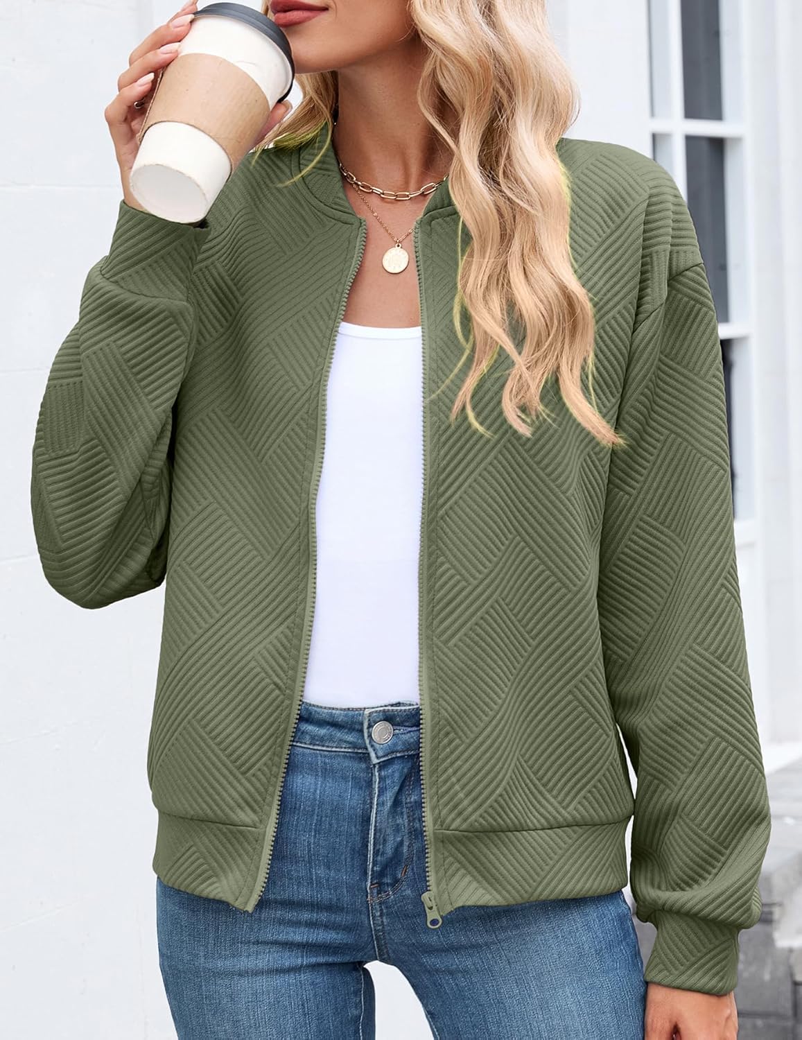 WROLEM Womens Casual Zip up Jackets Comfy Long Sleeve Textured Bomber Jacket Coat Loose Fit Fashion Outfits - Image 3
