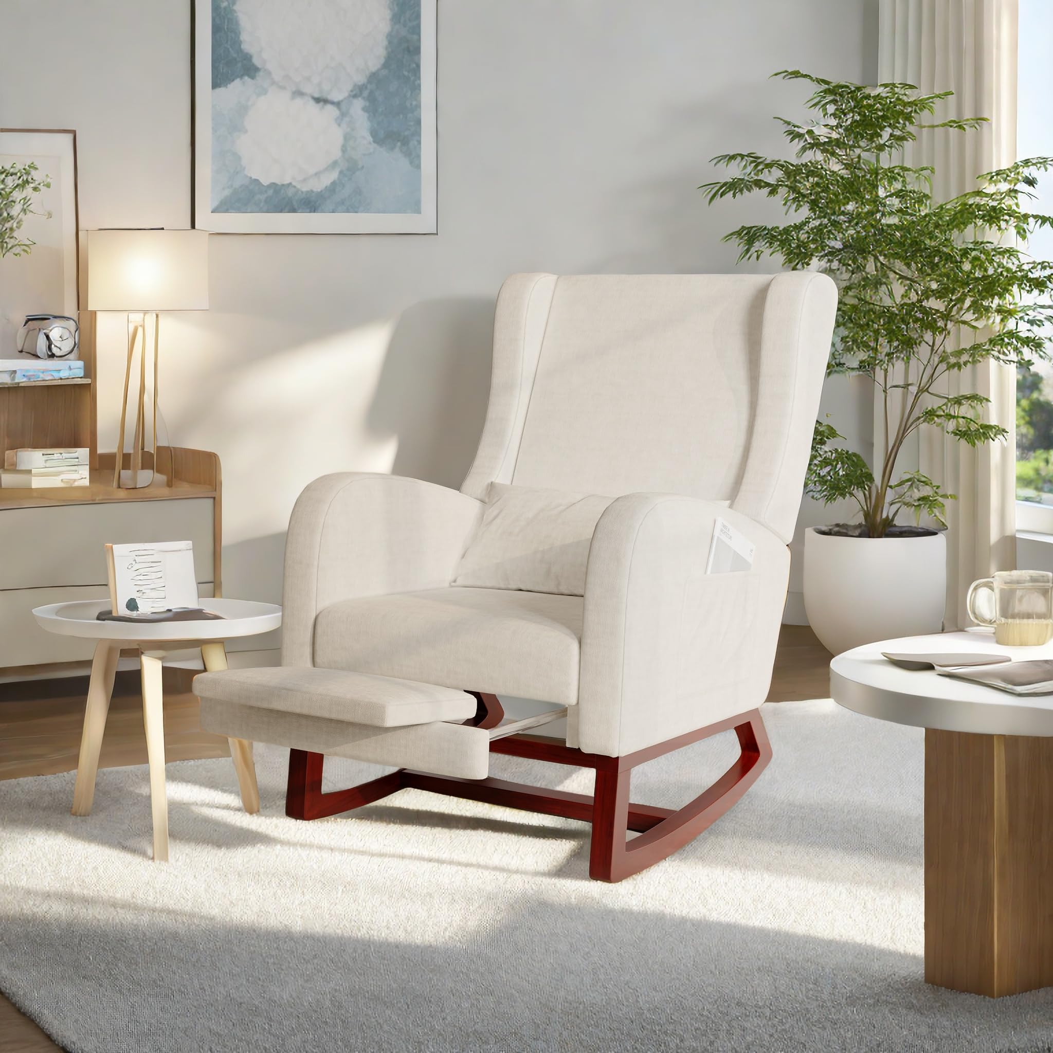 Fauteuil a Bascule, Fauteuil d'allaitement en Velours avec Repose-Pieds, Coussin Lombaire et Poche Latérale, Chaise Allaitement Chambre Bebe Rocking Chair Bois Interieur pour Salon, Chambre à Coucher