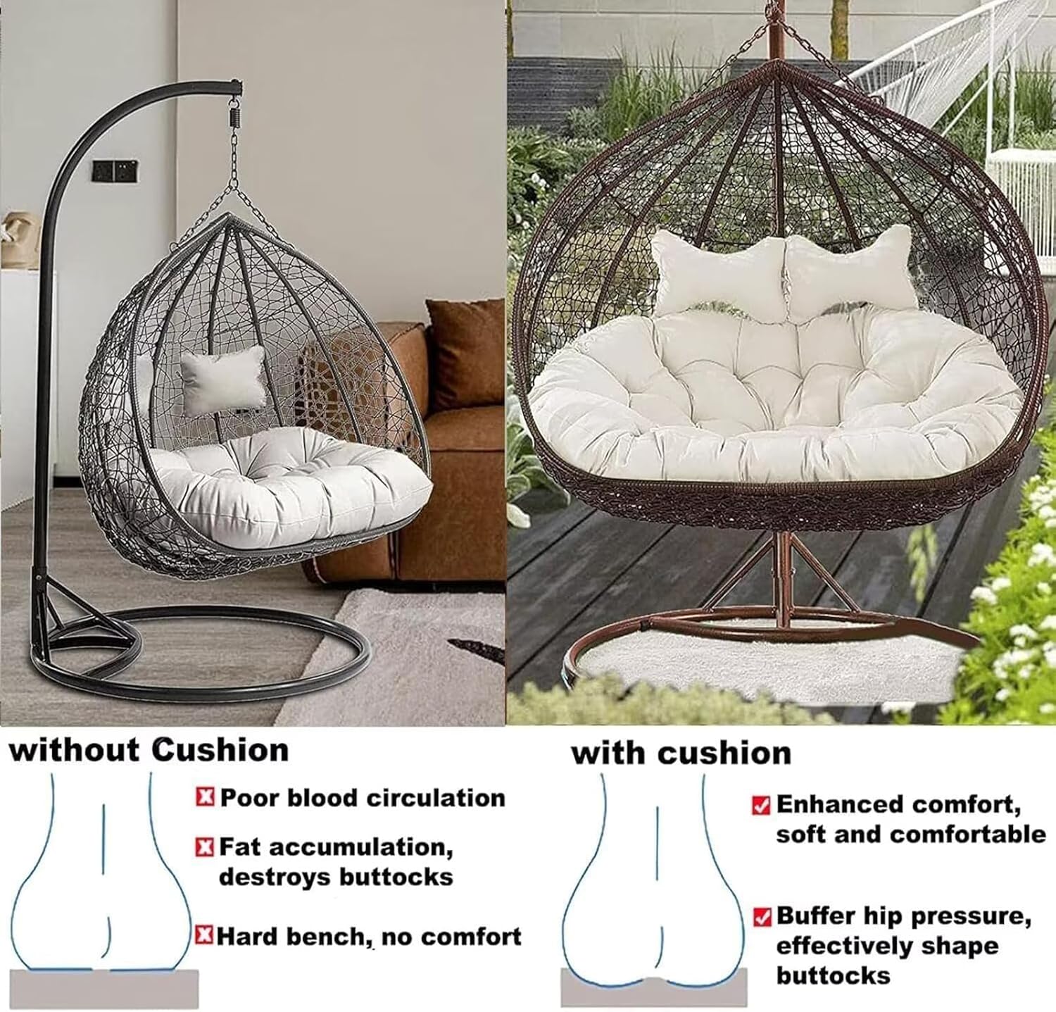 Double Egg-Shaped Chair Pad Replacement Set – Waterproof Outdoor Hammock Seat Pad with Straps, Thickened Woven Rattan Hammock Pad, Suitable for Double Seats, Pad Only Q