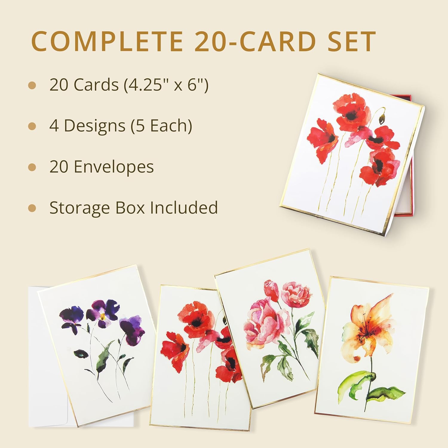 Graphique Watercolor Flowers Greeting Cards | 20 Pack | All Occasion Blank Note Cards with Envelopes | 4 Assorted Floral Designs with Gold Foil Borders | Boxed Set for Personalized Notes | 4.25" x 6"