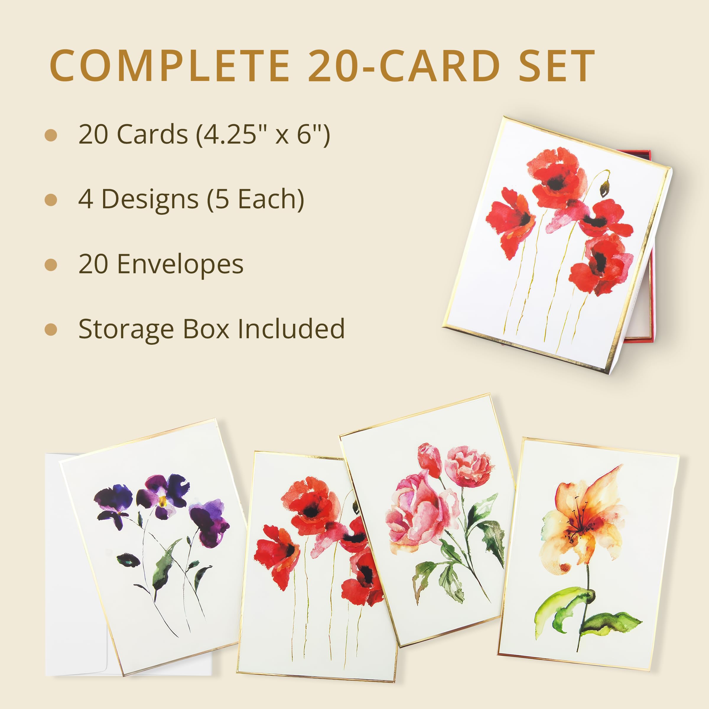 Graphique Grußkarten mit Aquarellblumen, 20 Stück, blanko Notizkarten mit Umschlägen, 4 verschiedene Blumen-Designs mit Goldfolien-Rändern, Box für personalisierte Notizen, 10,8 x 15,2 cm