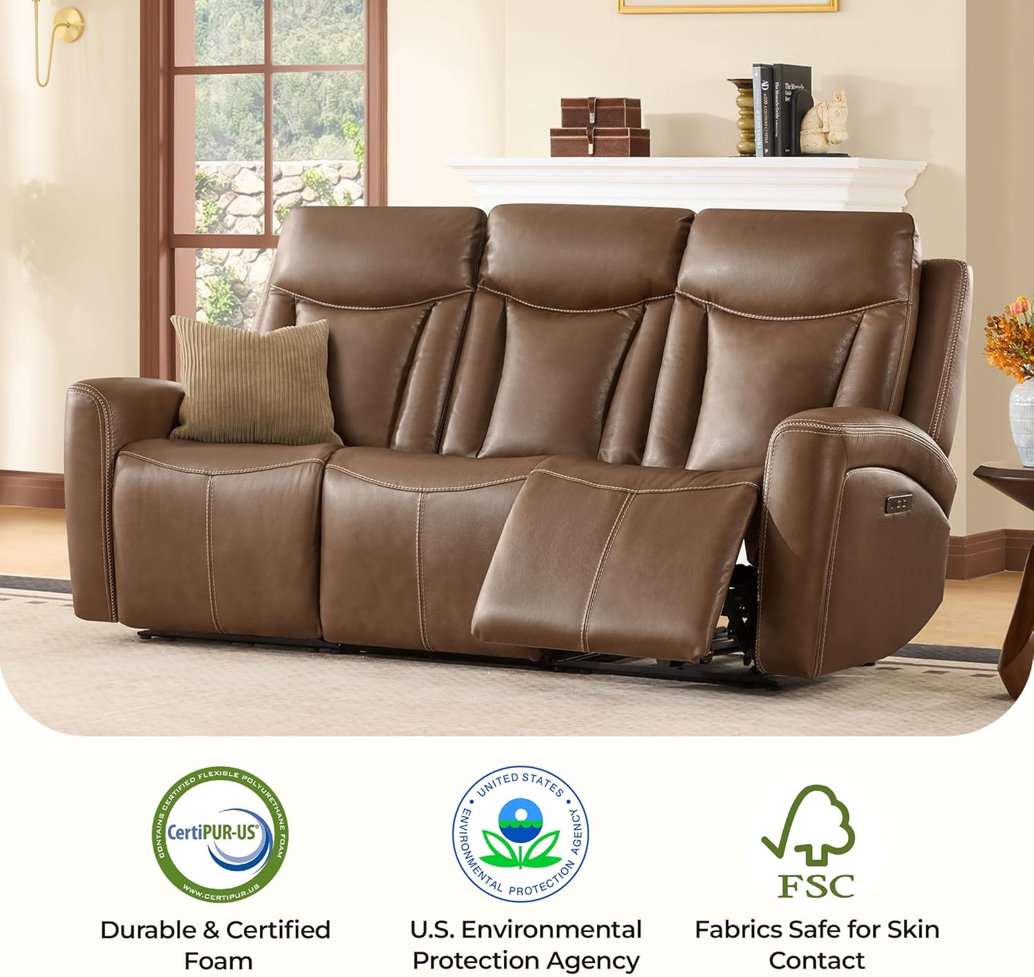 CHITA Genuine Leather Power Reclining Sofa, Super Zero Gravity Recliner Loveseat with Power Headrest and Console, Cup Holder, USB & Type-C Charging Ports, Dual Motor, Living Room, Cafe