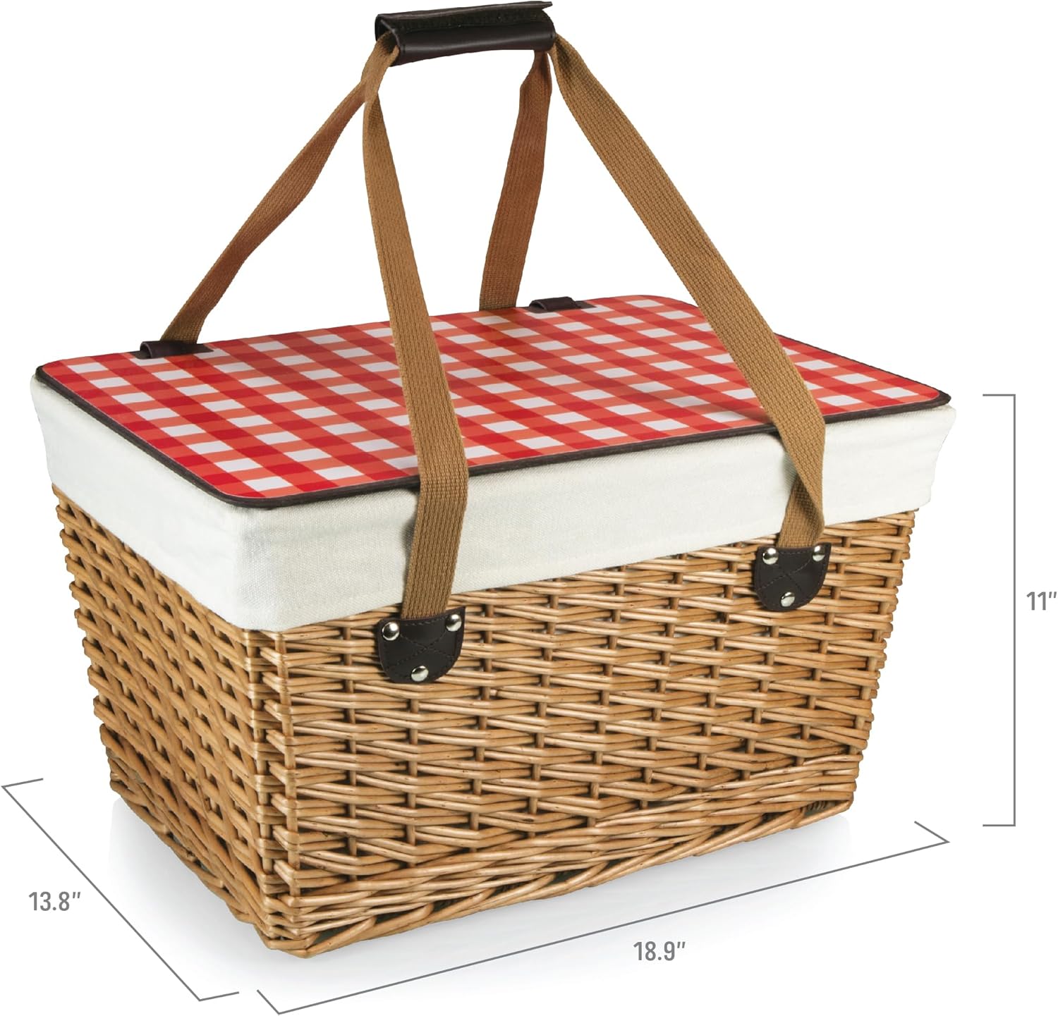 PICNIC TIME Canasta Grande Wicker Picnic Basket, Classic Large Wicker Basket for 2 with Handwoven Willow Design, Removable and Customizable Lid, (Beige Canvas with Red & White Gingham Pattern Lid)