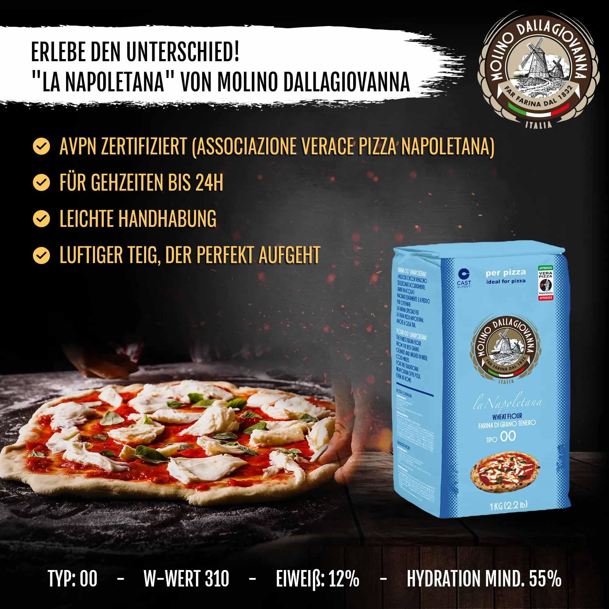 Delicret - Pizza-Set Starter - 6x400g San Marzano Tomaten + Molino Dallagiovanna - 4 kg Pizzamehl Typ 00 "La Napoletana", 1 kg Semolamehl, Pizzaballenbox für Pizzateig mit Leidenschaft, Pizzateig-Kit