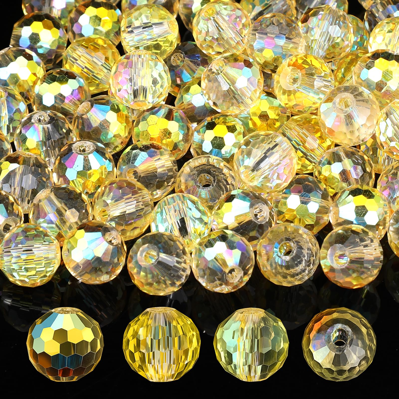 Abeillo Pack of 100 Large Gold 10 mm Round Faceted Glass Beads for DIY Jewellery Making