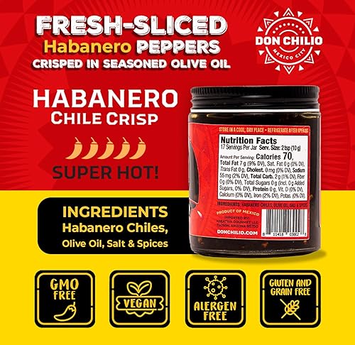 Miniatura 3 de Don Chilio Hot Habanero Mexican Chile Crisp, 5 onzas, paquete de 2  Chile frito habanero en rodajas crujientes en aceite de oliva 100% sazonado