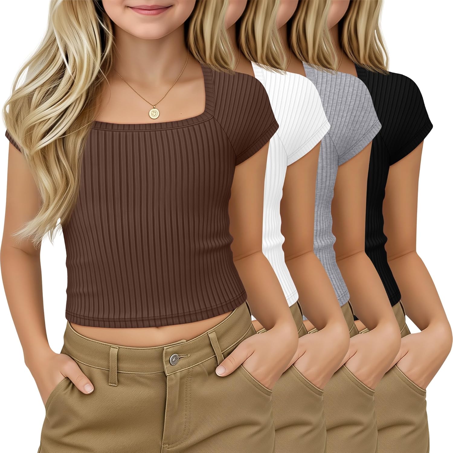 4 Pack Girls Crop Tops Ribbed Knit Short Sleeve Shirts Square Neck 5-14 Years Basic Soft Slim Fitted Tees