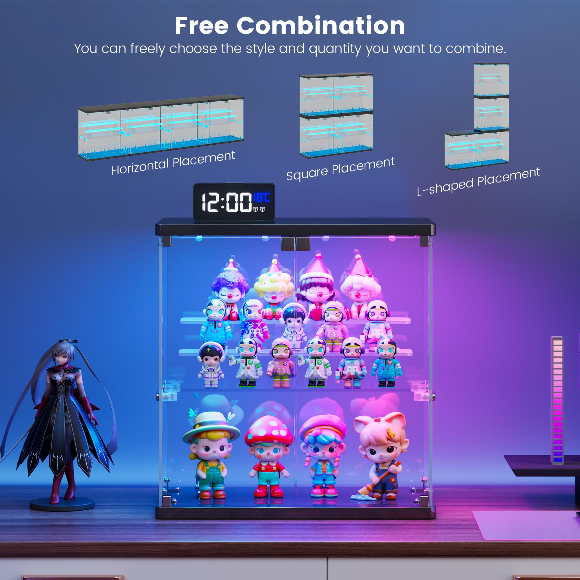 Vlsrka Vitrine en Verre avec éclairage LED et Portes vitrées, pour Figurines et Objets de Collection, Petite vitrine à Deux étages équipée d'un détecteur de Mouvement, Blanc