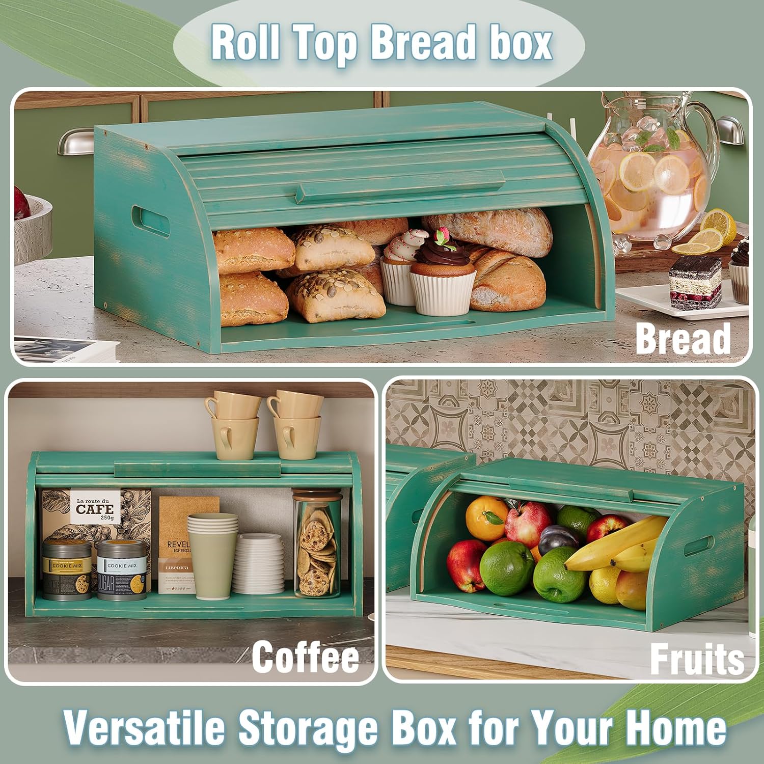 Trironsun Bamboo Roll Top Bread Box for Kitchen Countertop Large Capacity Bread Storage Bin Wooden Bread Storage Organizer Natural Breadbox for Food Storage (Antique Blue)
