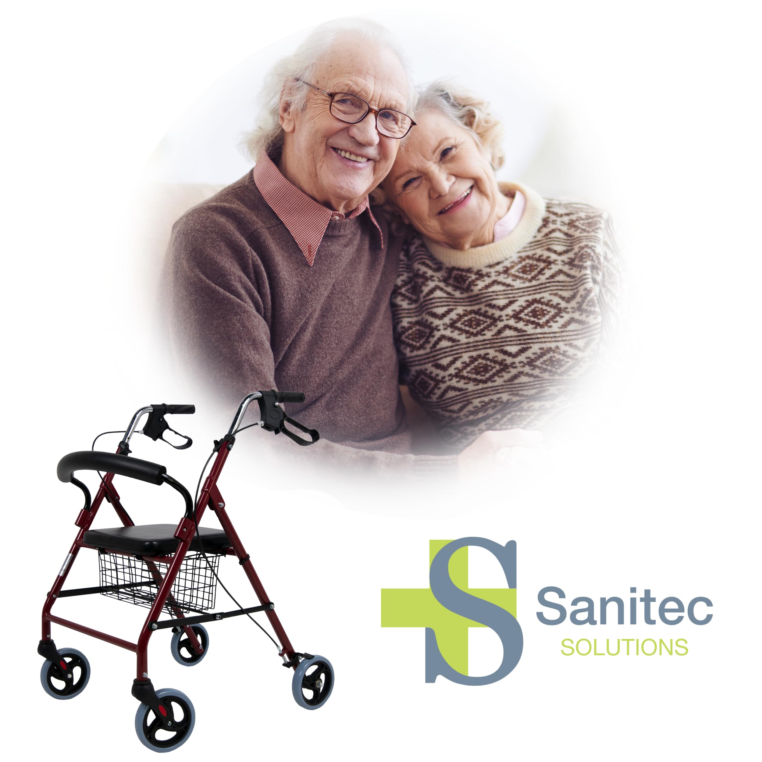 Sanitec - Andador Rollator con Frenos en Empuñadura | Andador para Ancianos Plegable | Andadores Adultos con Estructura de Aluminio Ligero | Andador con Asiento y Cesta | Andadores para Ancianos