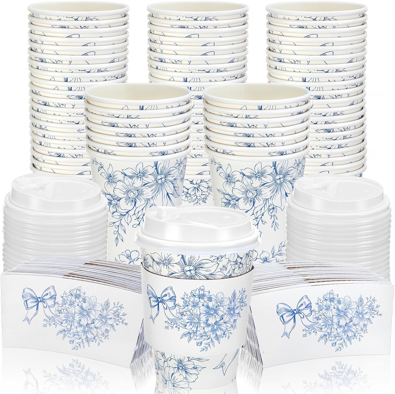 Vesici 60pcs Tea Party Decorations 14oz Disposable Coffee Cups with Lids and Sleeves Pink Floral Teapot Pattern Coffee Cups for Spring Summer Wedding Bridal Shower Garden Birthday Party Decor Supplies