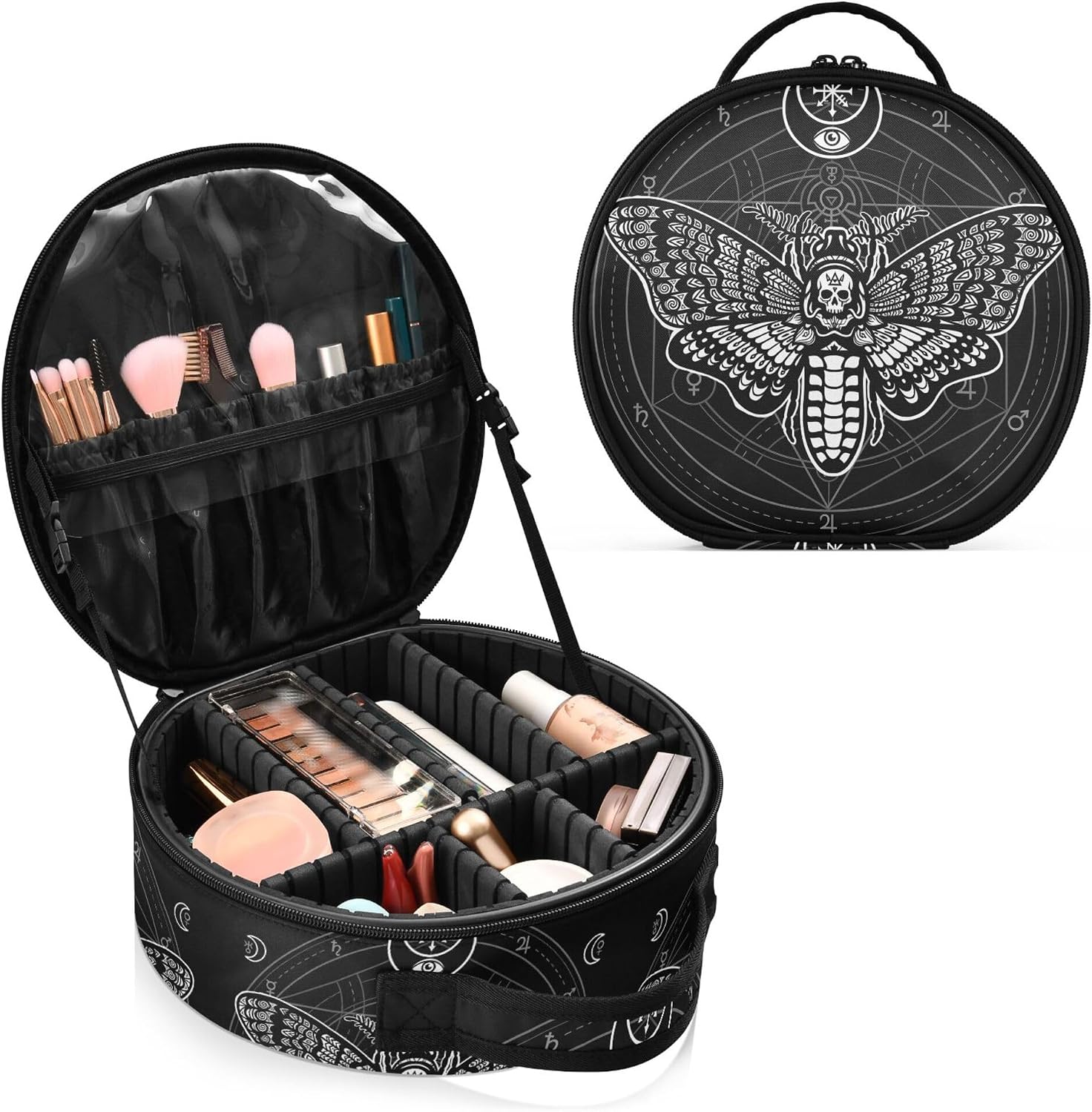 MNSRUU Gothic Women Makeup Bag Girl Vintage Makeup Organizer Bag Large Travel Black Skull Moth Cosmetic Bag Toiletry Bag with Adjustable Dividers Portable for Cosmetics Makeup Brushes Toiletry Jewelry