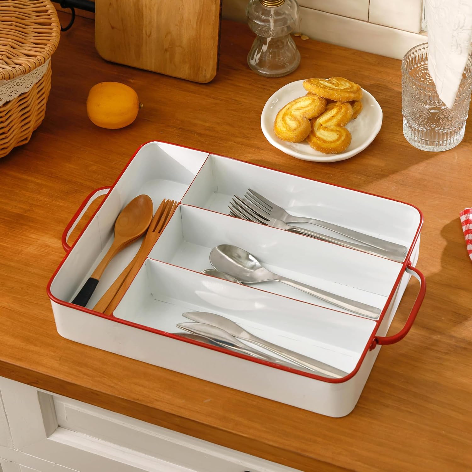 Silverware Drawer Organizer Tray with 4 Slots Farmhouse Kitchen Cutlery Tray for Utensils, Spoons, Knives, Forks, Metal Flatware Holder White with Red Trim