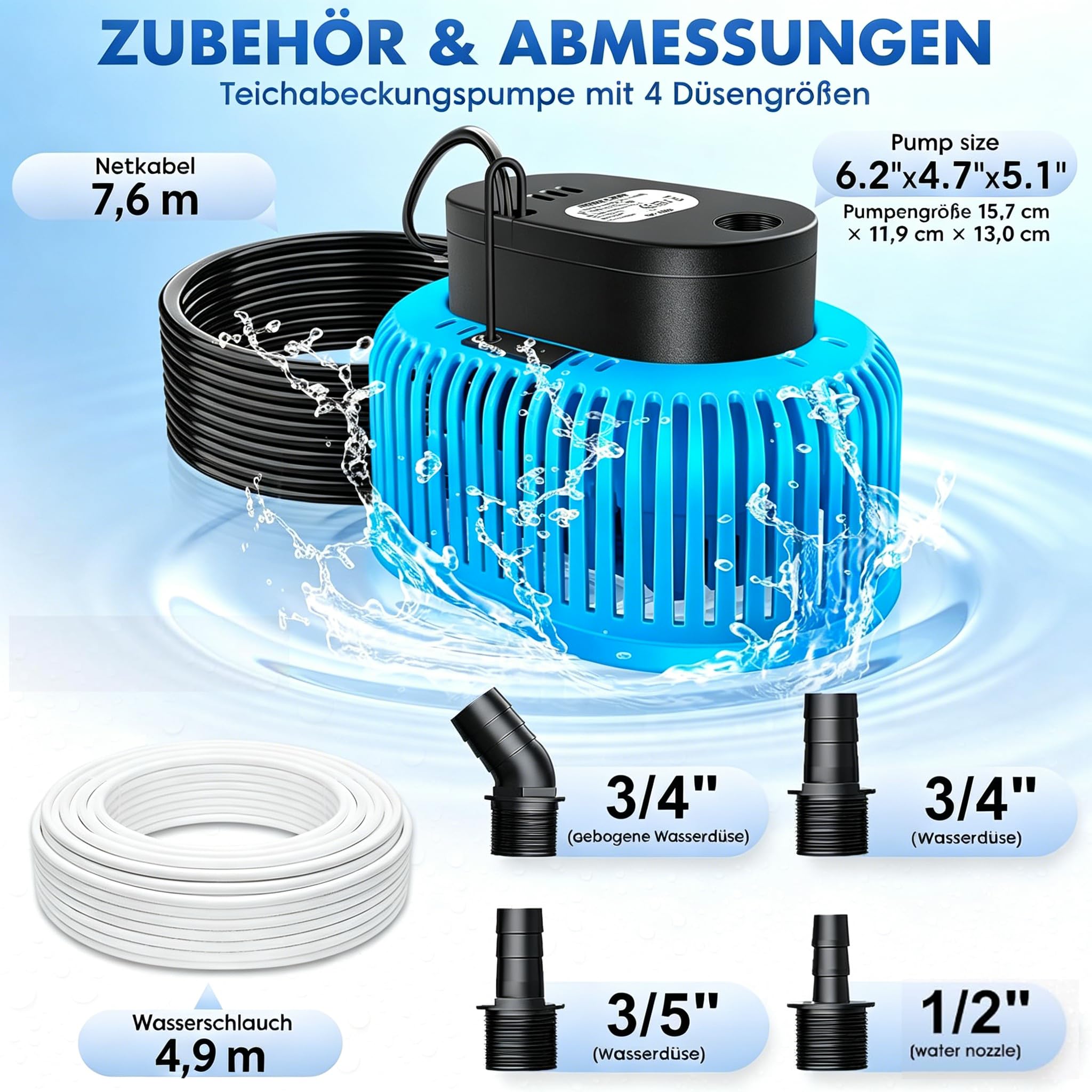 Pompe submersible, pompe submersible eau sale pompe à eau de pluie 75 W, capteur de niveau d'eau automatique, drainage pour piscine hors sol, 4 adaptateurs, tuyau de 4,9 m, câble de 7,6 m, max 3218 l