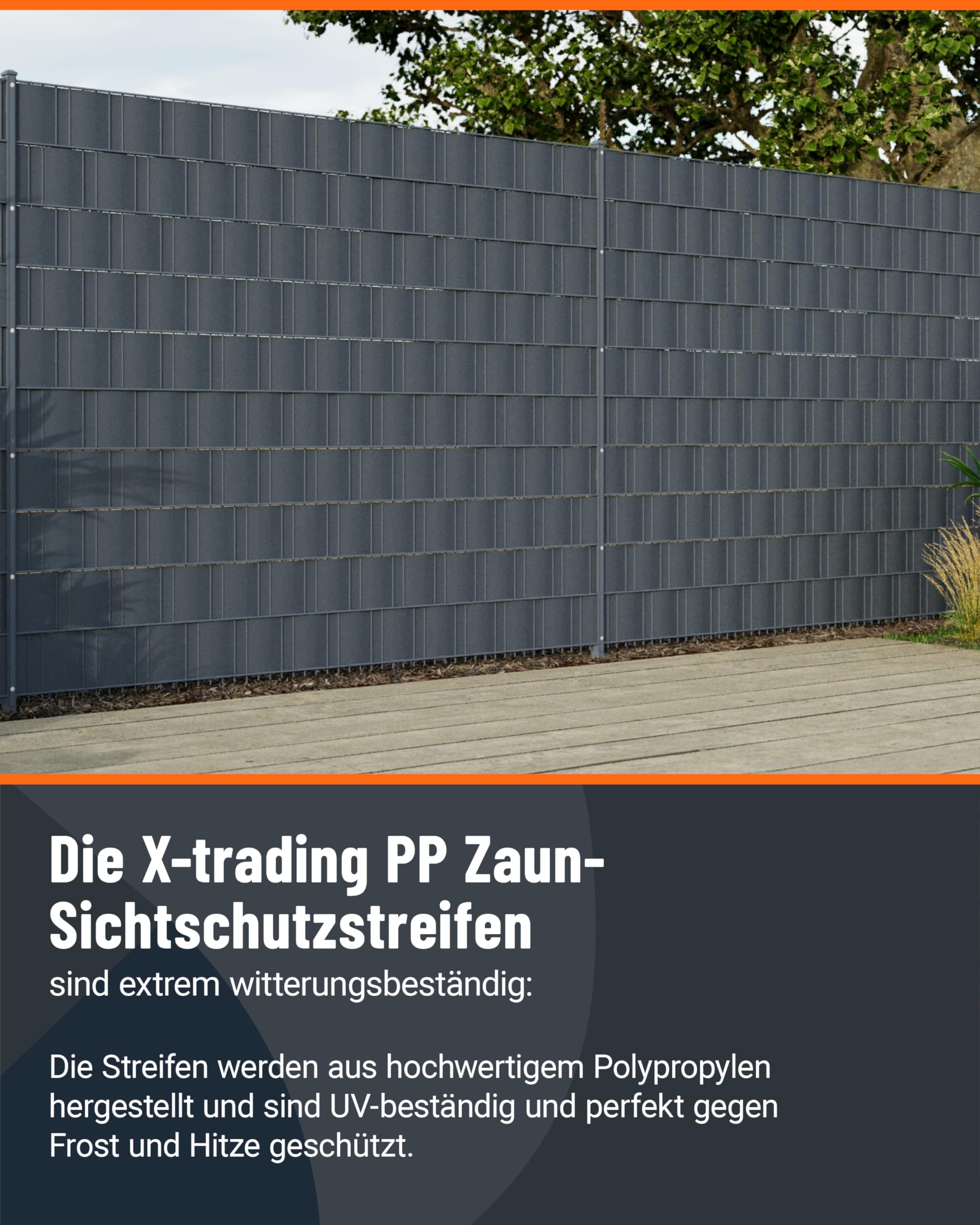 X-trading PP Sichtschutzstreifen für Doppelstabmatten-Zaun (35 m x 19 cm Rolle) Anthrazit – RAL7016 – Lederoptik – Qualität Made in Germany, einfache Montage ohne Clips & Werkzeug