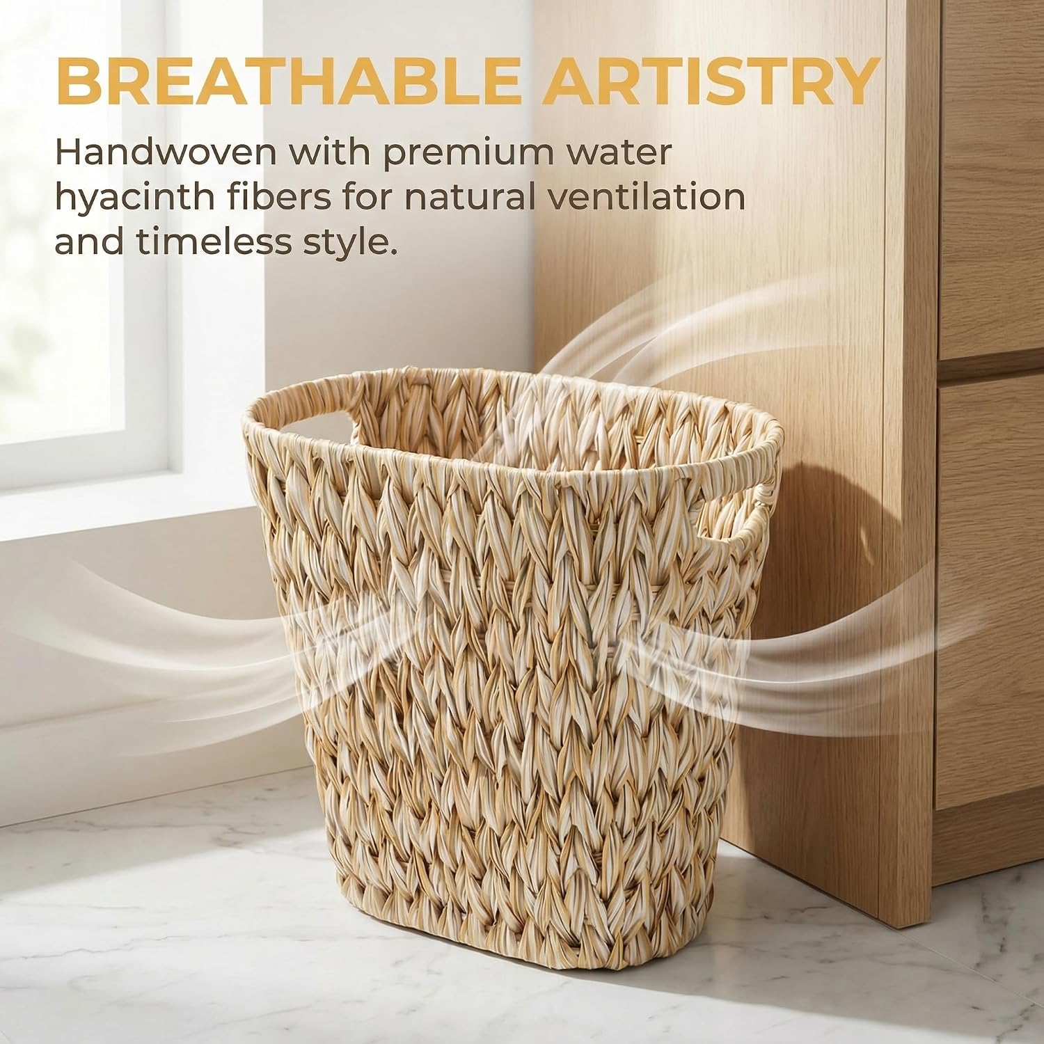 Pumtus Woven Trash Can, Waterproof Plastic Handwoven Waste Basket with Built-in Handles, 5 Gallon Bathroom Bedroom Garbage Container, Decorative Boho Storage Bin for Office, Kitchen, Laundry, Dorm