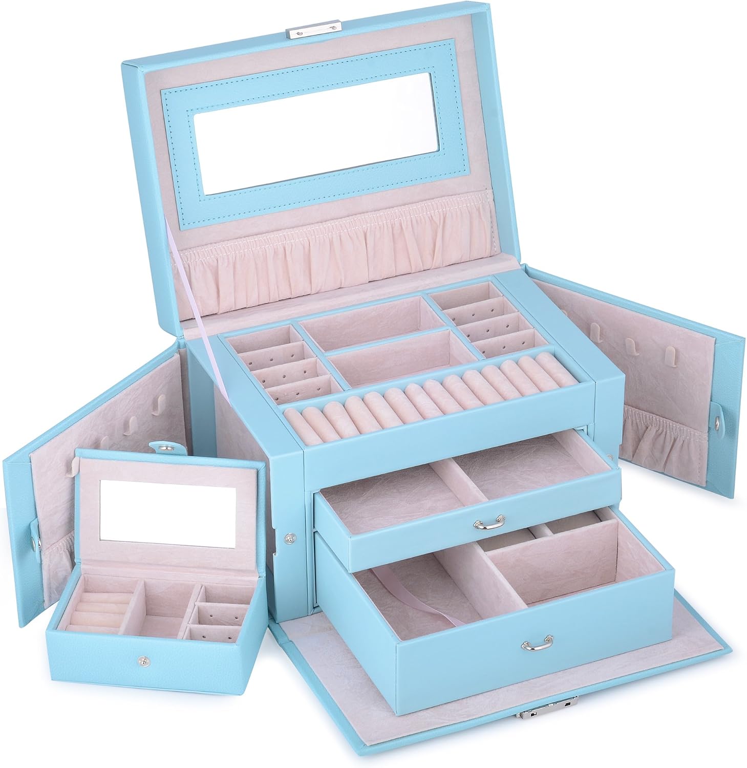 Kendal Large Leather Jewelry Box/Case/Storage/Organizer With Travel Case and Lock, Mothers Day Gifts for Mom(Blue)