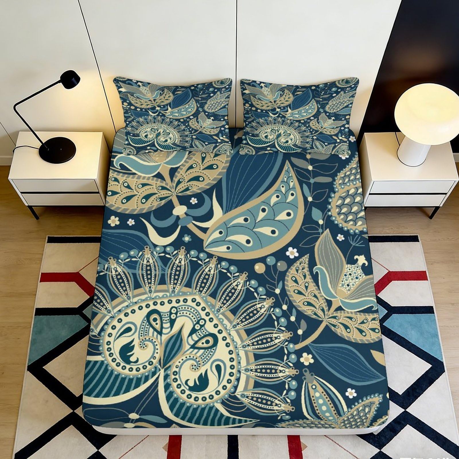 3D Printed Peacock Feather Fitted Sheet Microfiber Deep Pocket Non-Slip Bedroom Bedding Peacock Mattress Fitted Cover 140x200x25cm