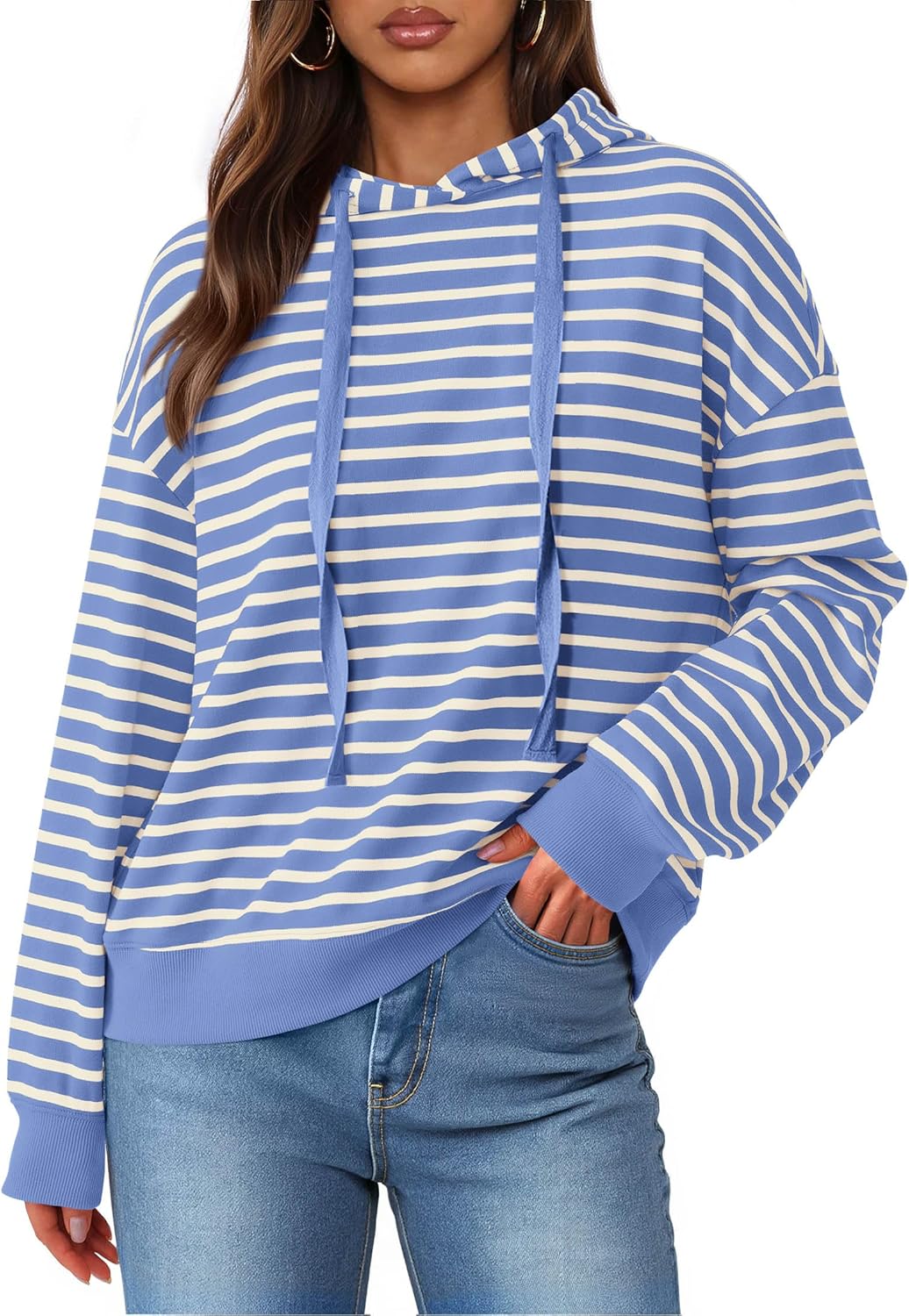 KIRUNDO Sweatshirt For Women Casual Loose Striped Long Sleeve Drawstring Hoodie Pullover Hooded Tops Fashion Clothing