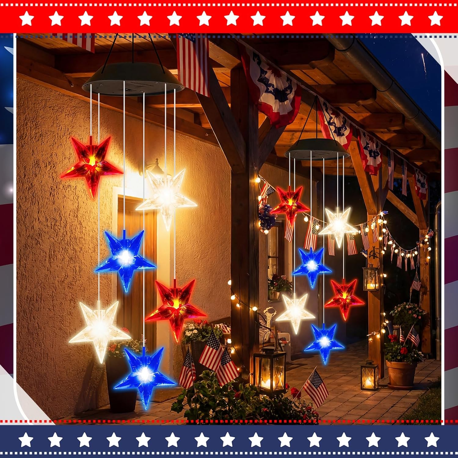 Gerrii 2 Pcs Memorial Day Solar Star Wind Chimes Red White Blue Lights for Outside Mobile Wind Chime Star LED Light Memorial Gifts for Patriotic 4th of July Independence Garden Patio Yard Porch Decor