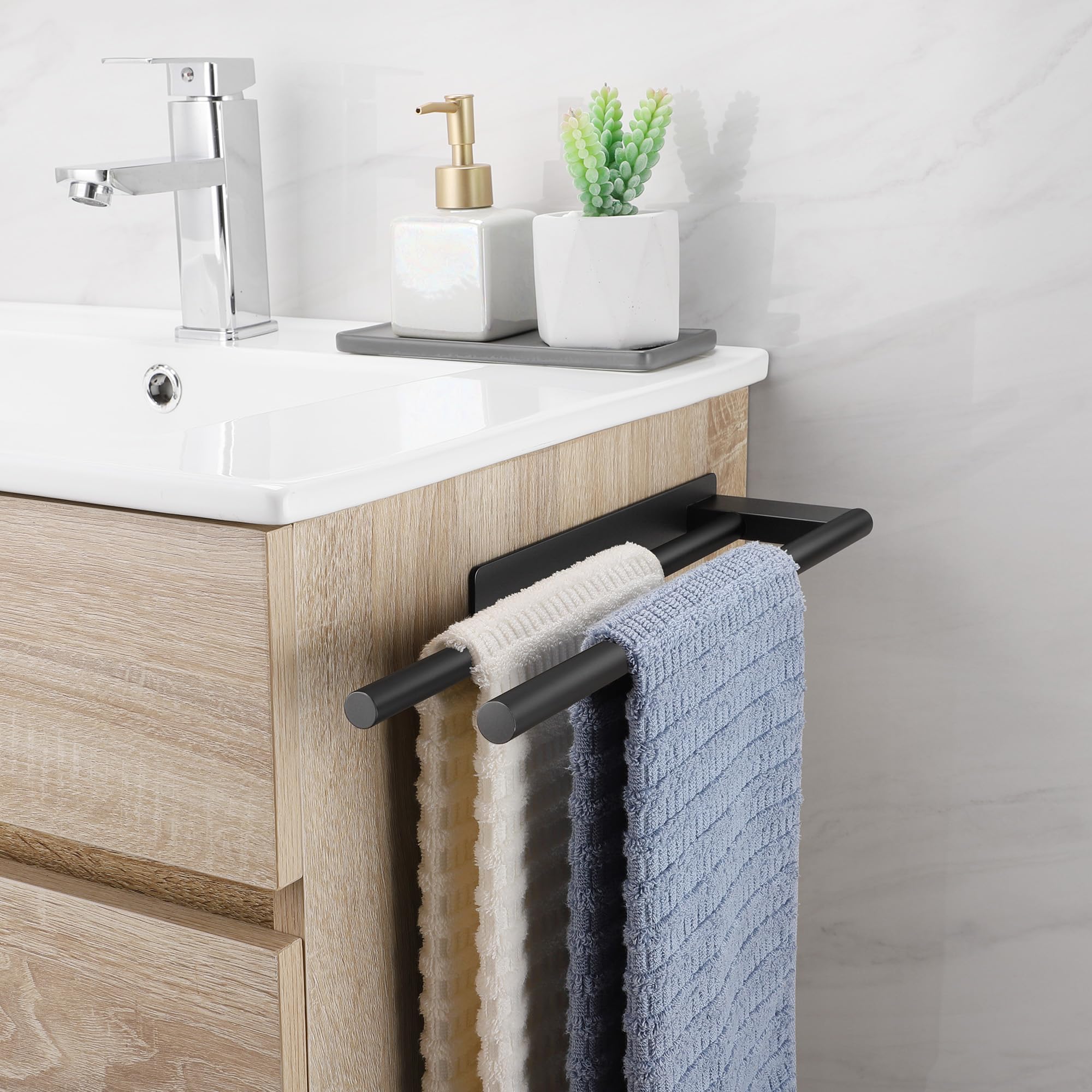 Porte-serviettes de bain autocollant, double porte-serviettes adhésif pour salle de bain murale, porte-serviettes de cuisine en acier inoxydable, noir