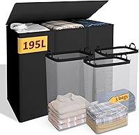 Vincona 195L 3-Compartment Laundry Hamper with Lid & Removable Bags - Collapsible Large Capacity Sorter for Family Laundry