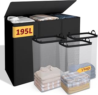 Vincona 195L 3-Compartment Laundry Hamper with Lid & Removable Bags - Collapsible Large Capacity Sorter for Family Laundry