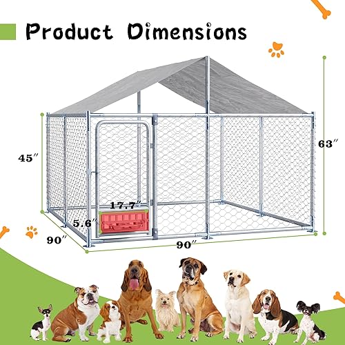 Miniatura 7 de Grepatio Perrera para perros al aire libre de 7.5 x 7.5 pies con techo, recinto exterior para perros con 2 comederos giratorios, cerca para perros