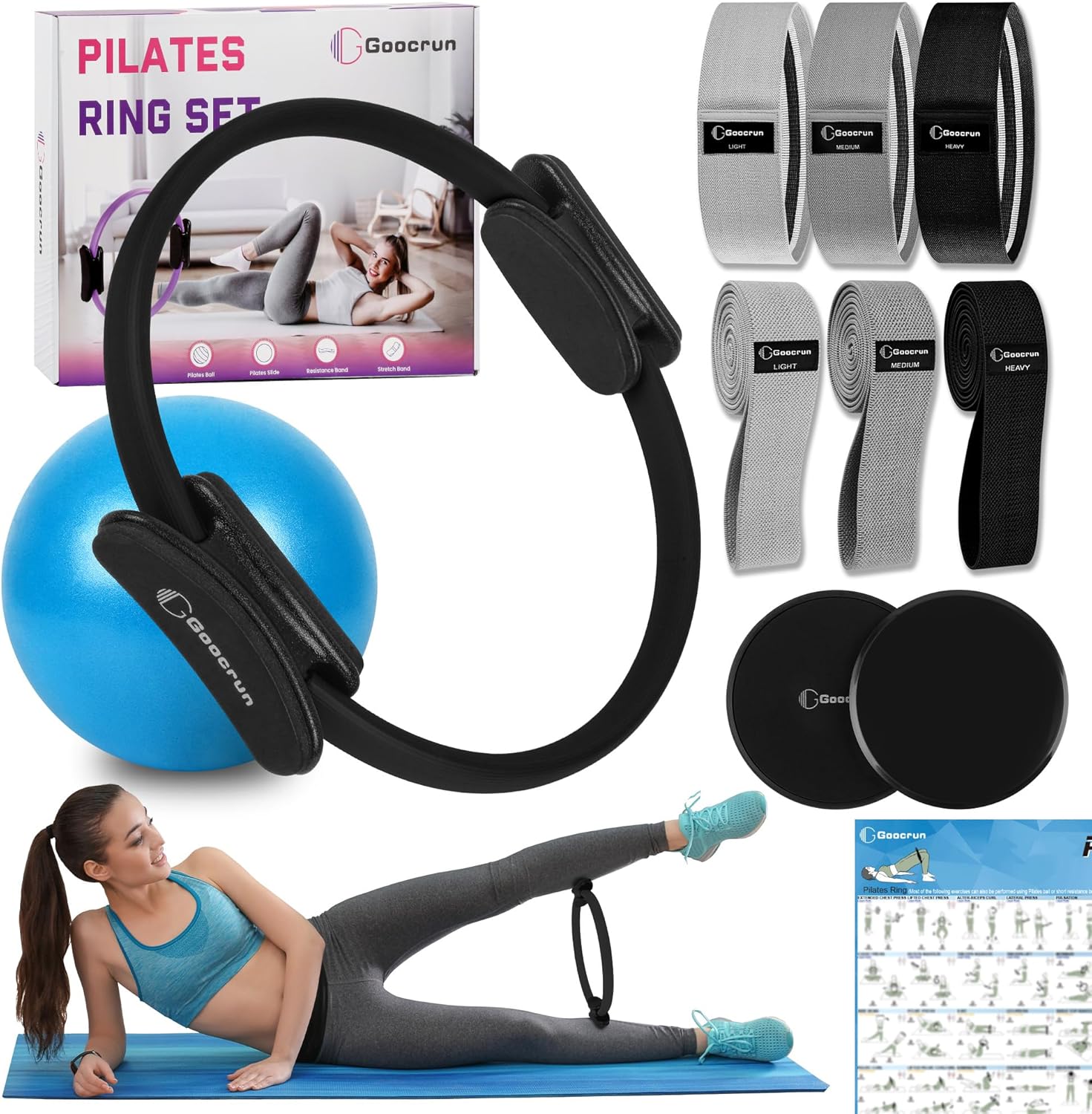 Pilates Ring Set with Resistance Bands Set, Pilates Ball, Sliding Disks  Workout Equipment Home Gym Includes Complete Fitness Poster