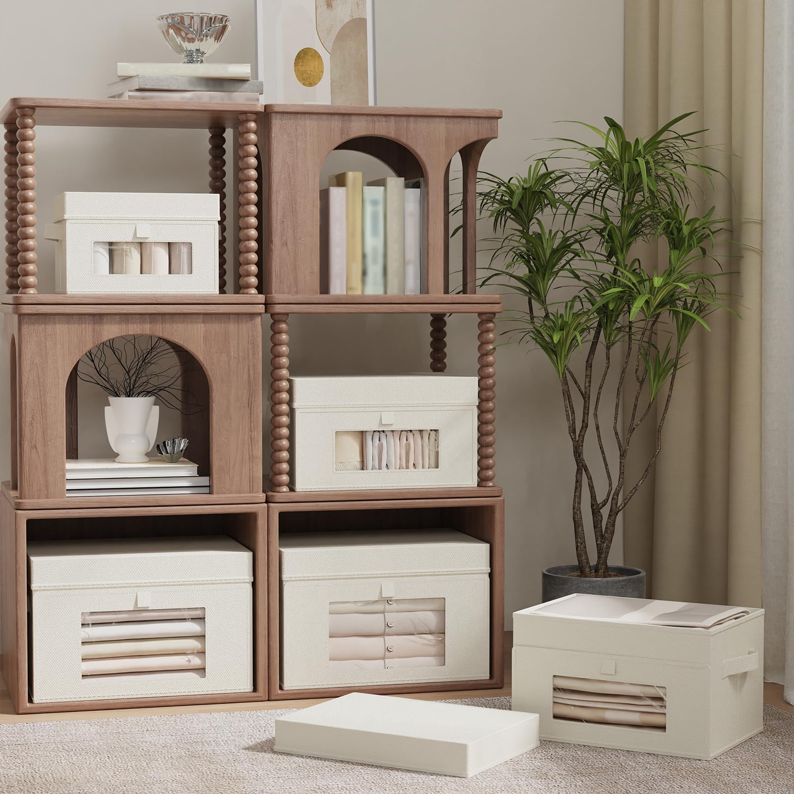 2 Scatole Portaoggetti Finestra Trasparente, 38x25x25 cm, Beige | Organizzatori Capienti per Armadio in Tessuto con Coperchio, Pieghevoli Unità Di Organizzazione, Contenitori per Vestiti