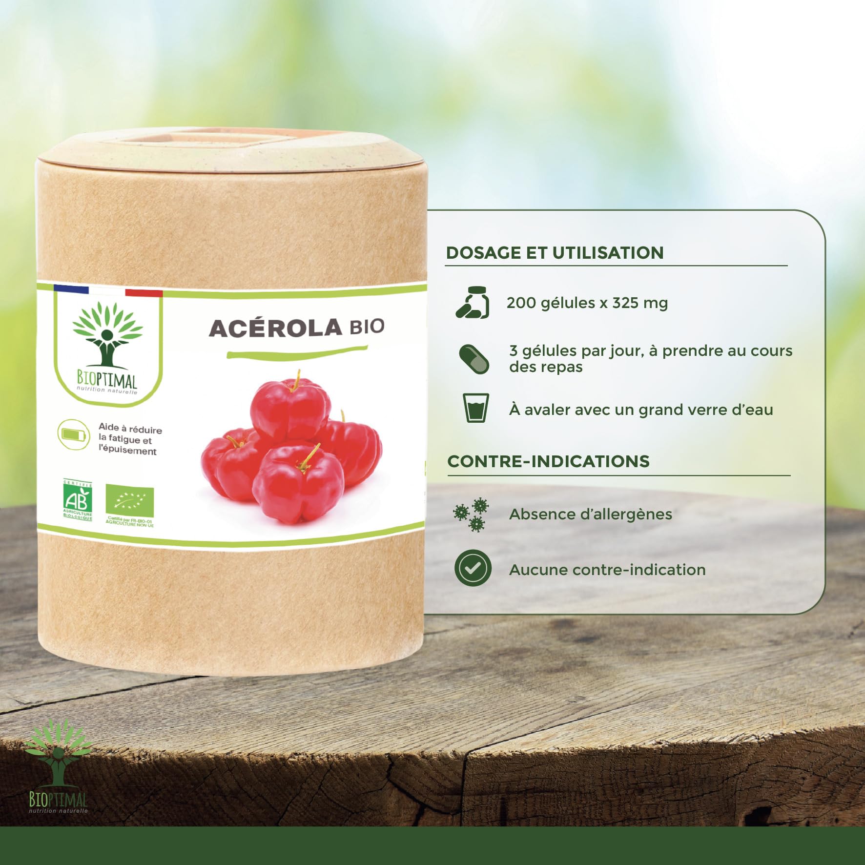 Acerola Bio - Bioptimal - Complément Alimentaire - Extrait d'Acérola en Gélule - 17% de Vitamine C Biodisponible - Anti-Fatigue Immunité - Fabriqué in France - Certifié par Ecocert - 200 gélules