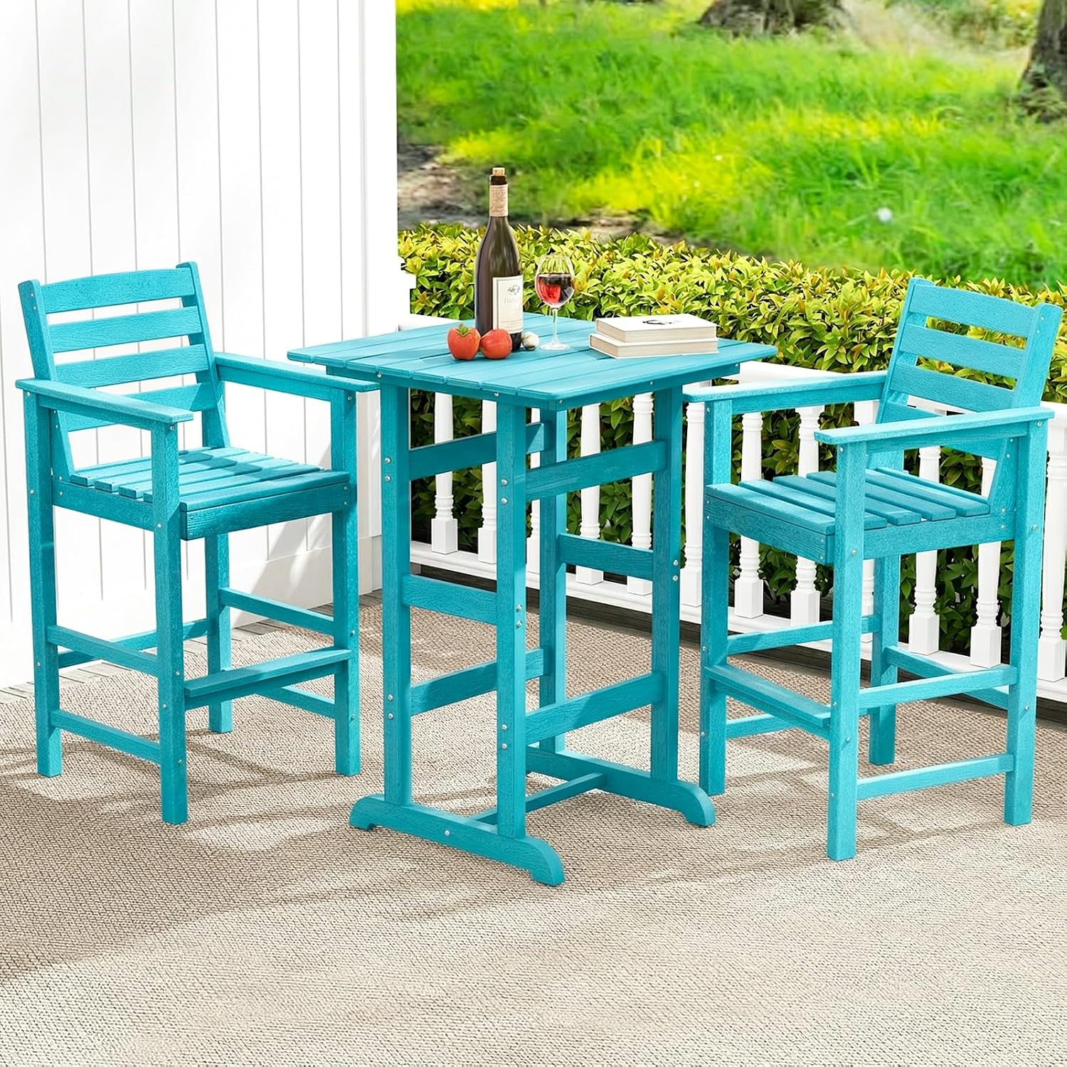 Giantex 29” Bar Stools Set of 2, HDPE Barstools w/Back, Armrests & Footrests, Max Load 330Lbs, Counter Height Bar Stools, Adirondack Chair for Patio Balcony Outdoor Bistro Set, Turquoise