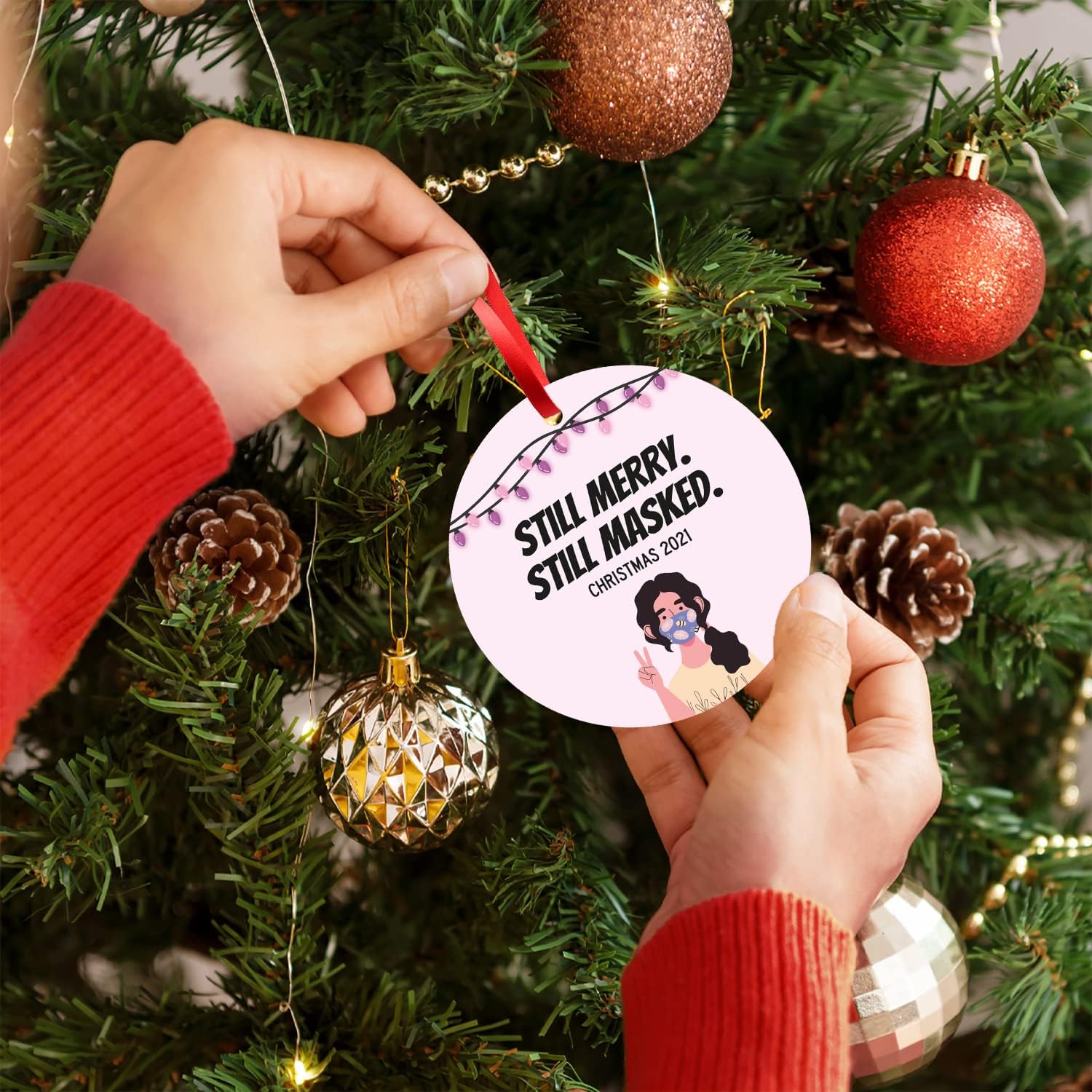 Still Merry, Still Masked!, Christmas 2021 Ornament, Large 3.75" Round Metal Ornament, Velvet Pouch Included