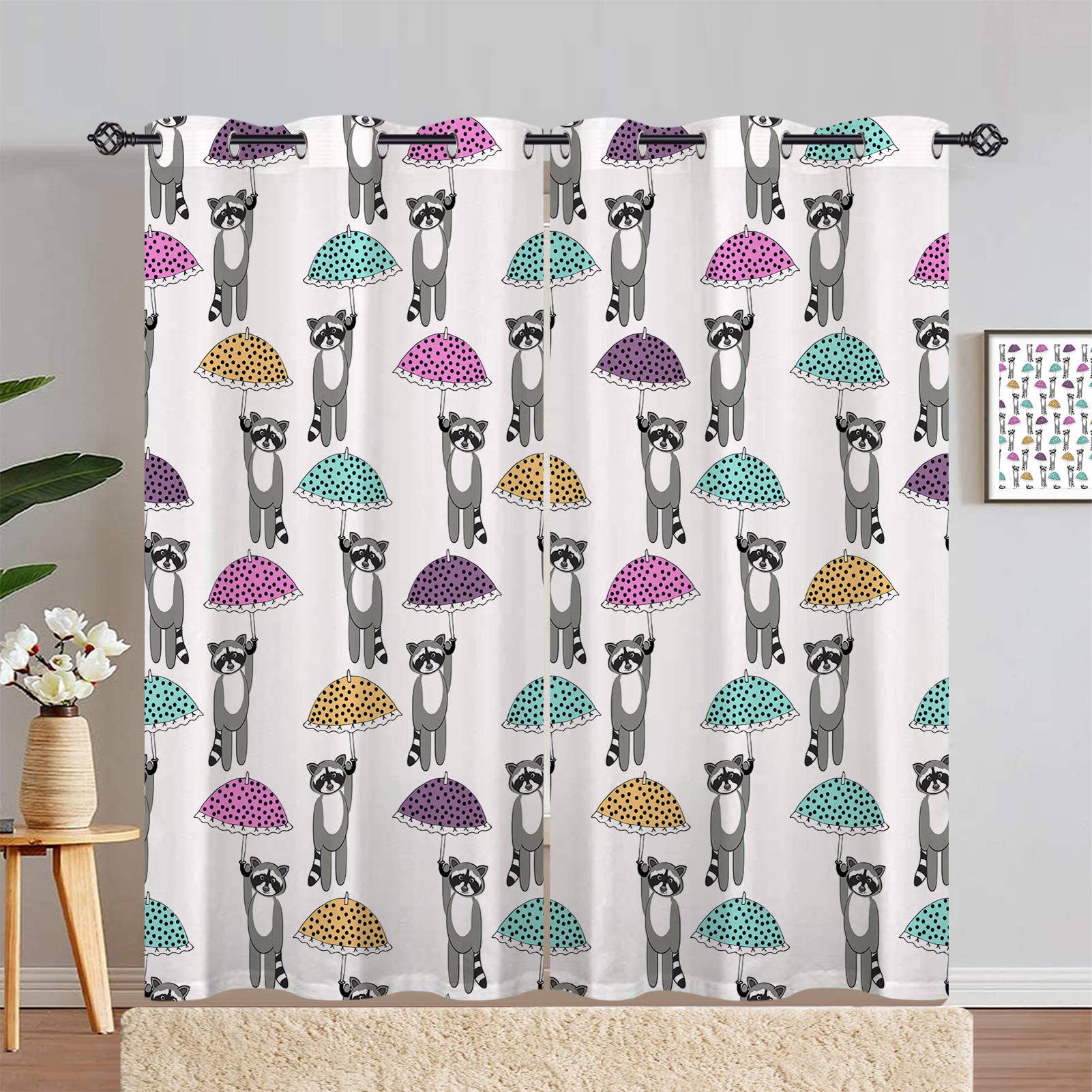 ANHOPE Raccoon Curtains Eyelet 80% Blackout Room Darkening Curtains Raccoon Colorful Umbrella Print Pattern Thermal Light Blocking Window Drapes for Kids Bedroom Living Room 66 x 90 Inch Drop 2 Panels