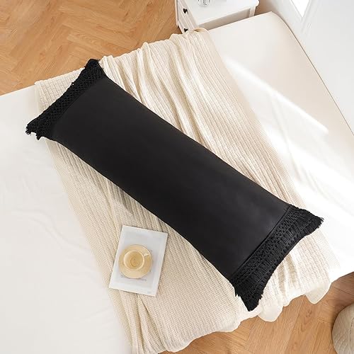 Vista 20 de Juego de 2 fundas de almohada con borlas, color gris crema, 100% microfibra lavada, funda de almohada con borlas hechas a mano beige, paquete de 2