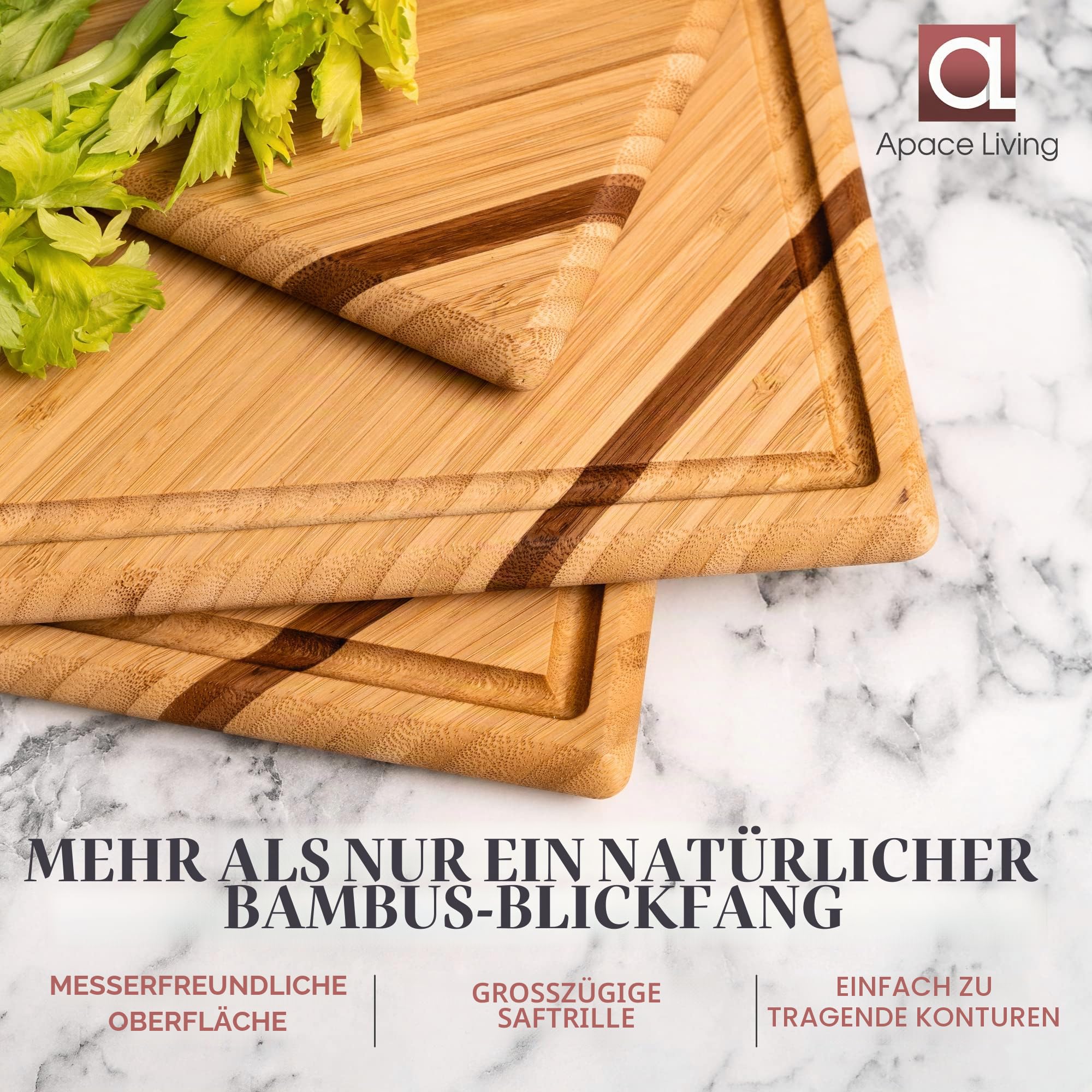 Chorus Schneidebrett Holz (3er Set) - Luxuriöses Bambus Holzbrett Küche, Tranchierbrett, Küchen Schneidbretter mit Saftrille für Fleisch, Gemüse, Käse (Premium Chic Bamboo)