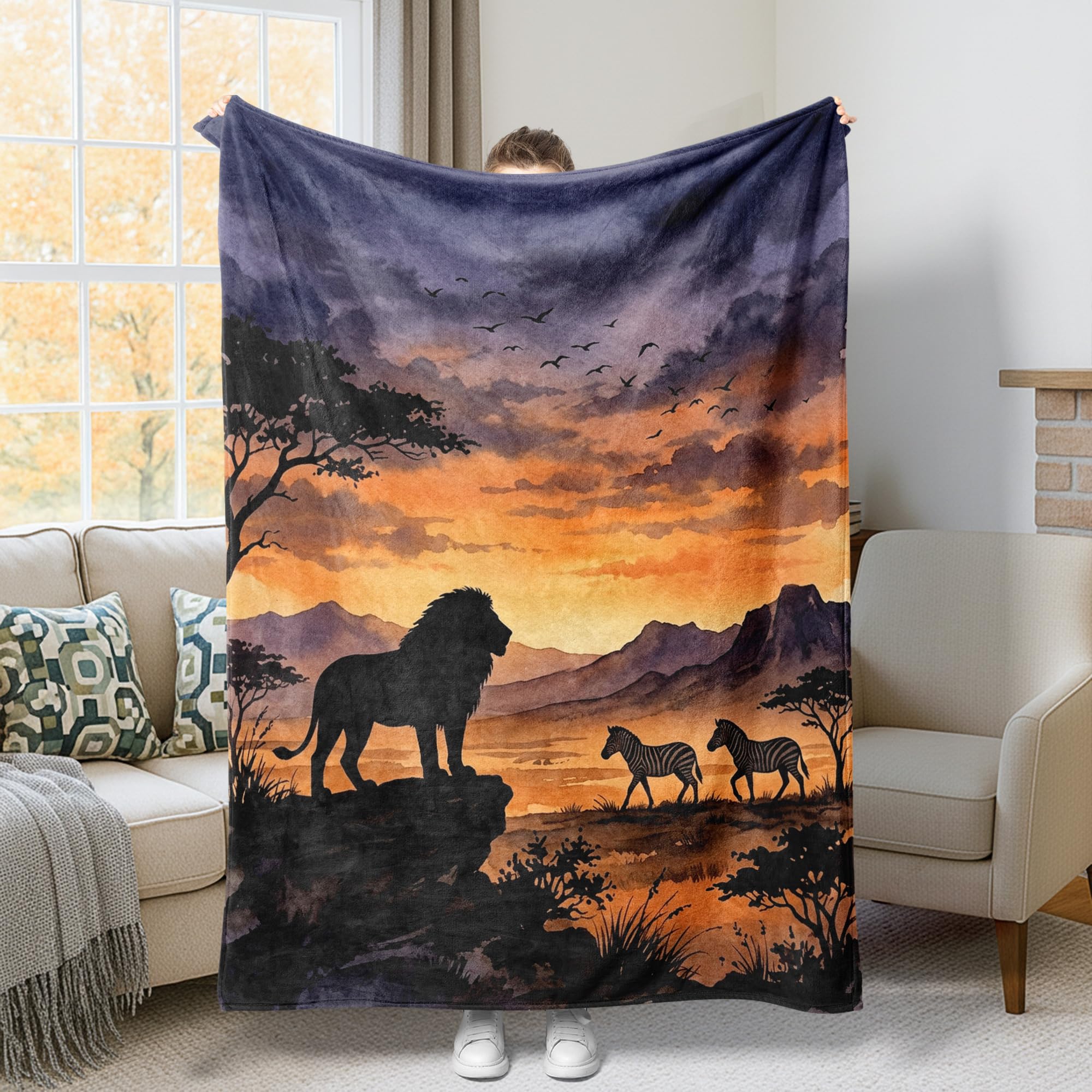 Jeté de lit lion sauvage automne plaid orange 127x152 cm pour canapé et chambre