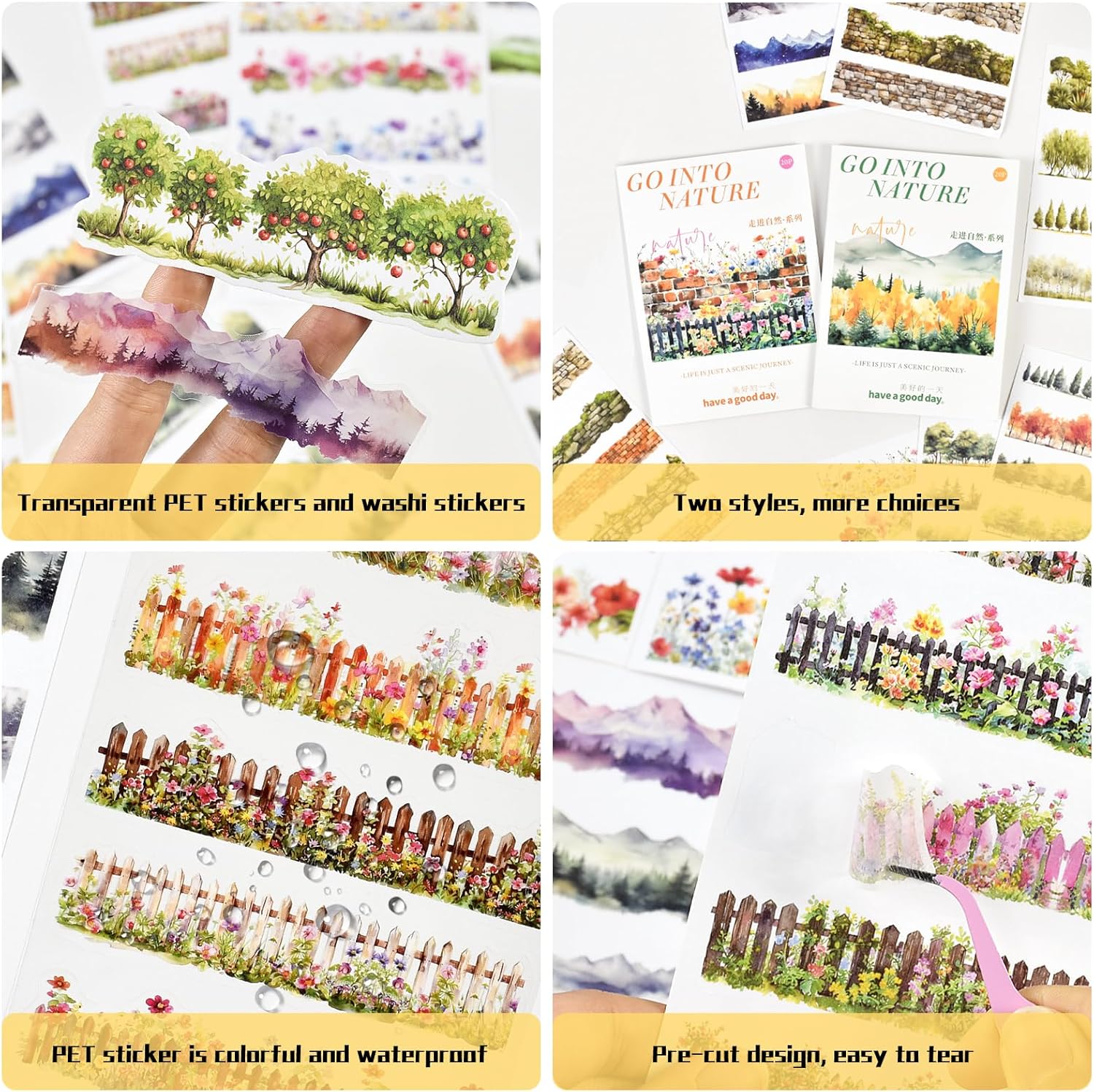 2 Books Landscape Sticker for Scrapbooking, 40Sheets PET&Washi Flower Fence Forest Garden Stickers Book Set Aesthetic Pre-Cut Transparent Junk Journaling Stickers for Scrapbook Supplies