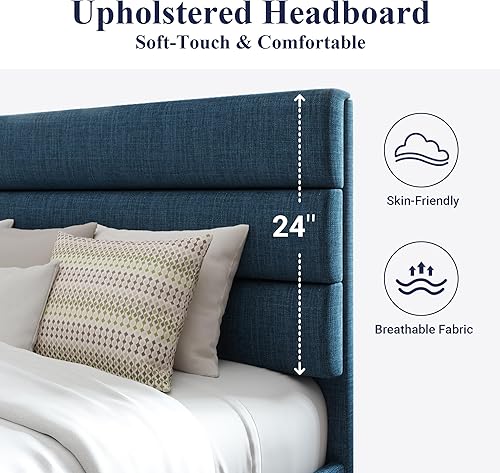 Miniatura 4 de Allewie - Base de cama tamaño King con cabecera tapizada en tela y soporte de listones de madera; base de colchón completamente tapizada; no Azul