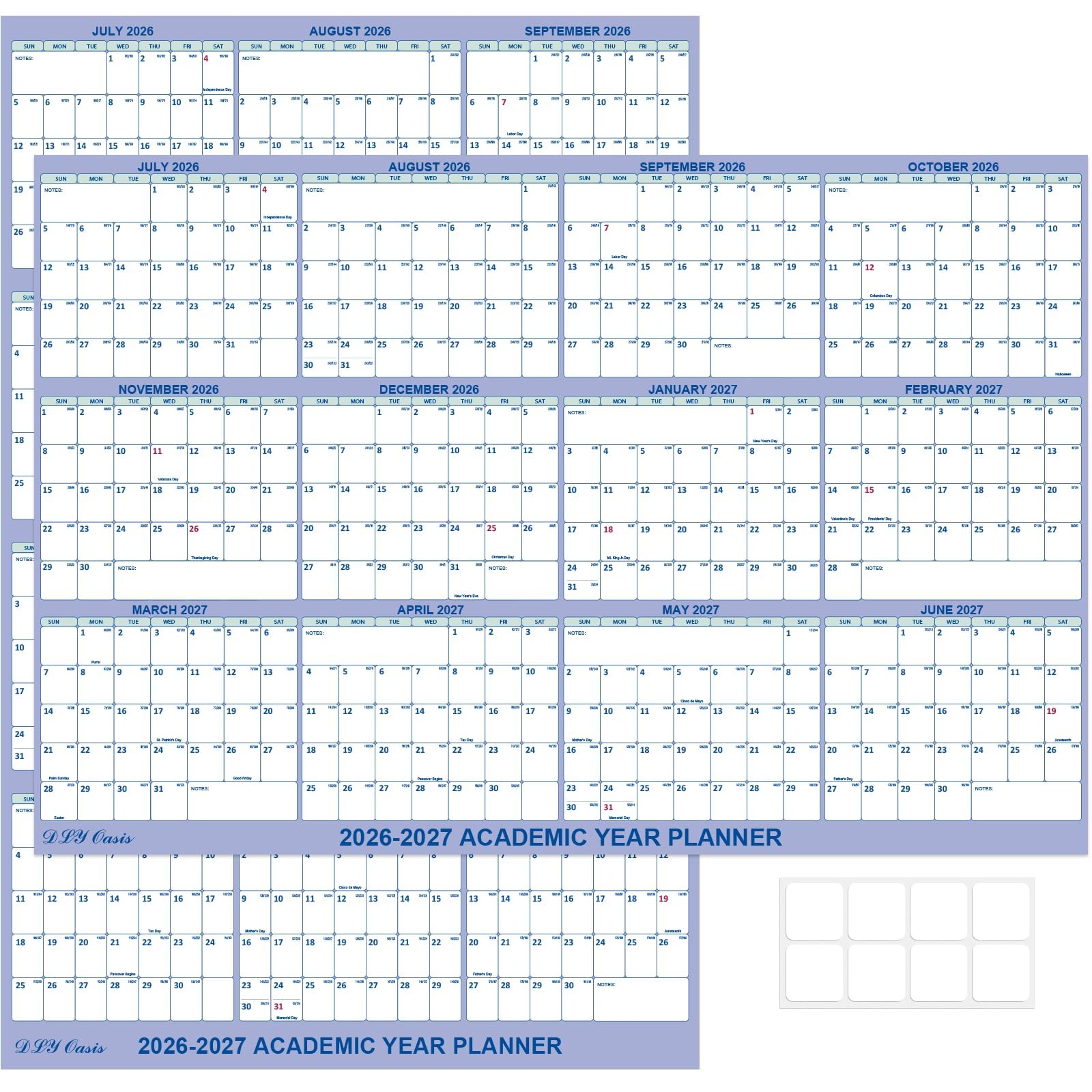 Calendario accademico da parete 2026-2027, luglio 2026-giugno 2027, da luglio 2026 a giugno 2027, piegato cancellabile a secco e bagnato, grande calendario da parete 12 mesi, reversibile verticale