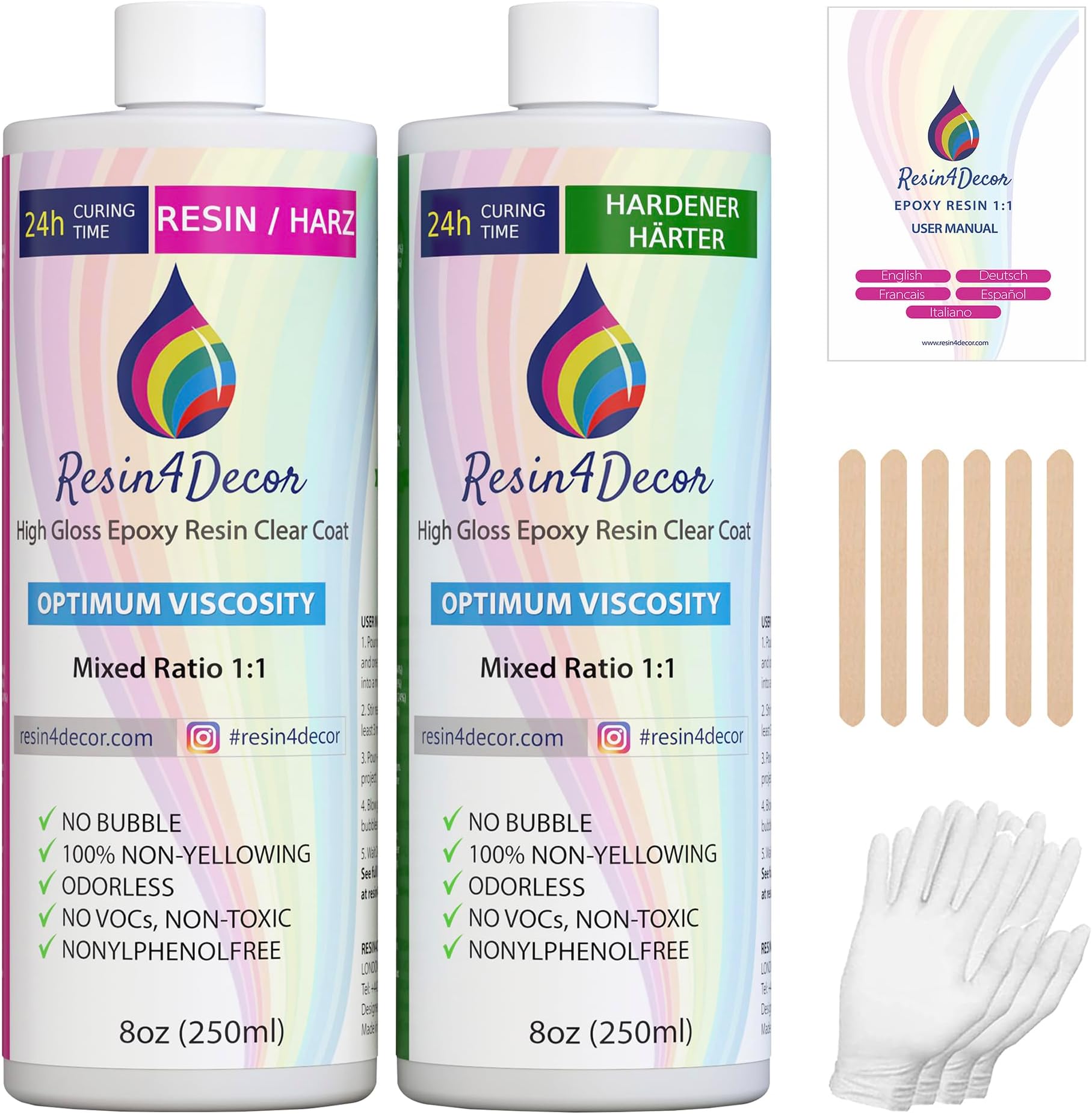 Epoxy Resin RESIN4DECOR 1:1 Casting Crystal Clear Adhesive for Arts Crafts Jewelry Making Molds and DIY Projects Non-Yellowing Non-Toxic High-Gloss Finish 12-24 Hour Cure Time Odorless 16oz - 500ml