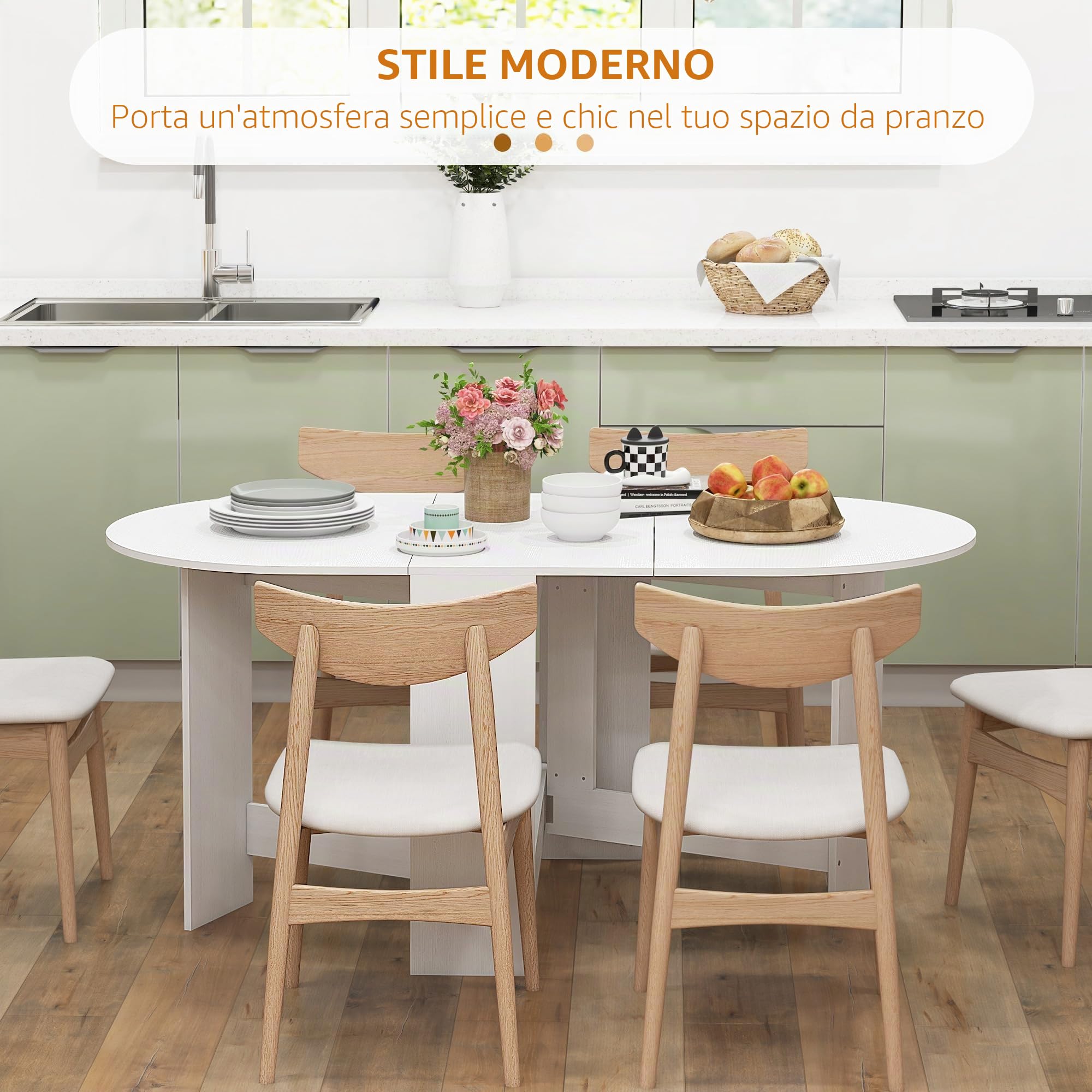 HOMCOM Tavolo da Pranzo Pieghevole, 163x80 cm Scrivania Richiudibile Salvaspazio con 2 Ribalte Ovale per 6 Persone, Tavolo Cucina a Ribalta, Ideale per Soggiorno, Casa, Ufficio, Bianco