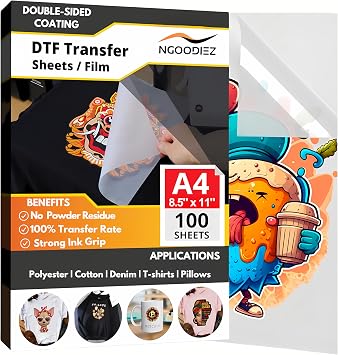 NGOODIEZ DTF Transfer Film Sheets A4 8.5" x 11" 100 Sheets - Premium DTF Paper for DTF Printer - Double-Sided Glossy, 5-Layer Coating for T-Shirt Heat Transfer - DTF Transfer Sheets